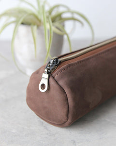 Leather Pencil Case, Zipper, Brown, End View