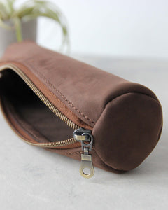 Leather Pencil Case, Zipper, Brown, Front View