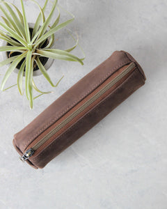 Leather Pencil Case, Zipper, Brown, Top View