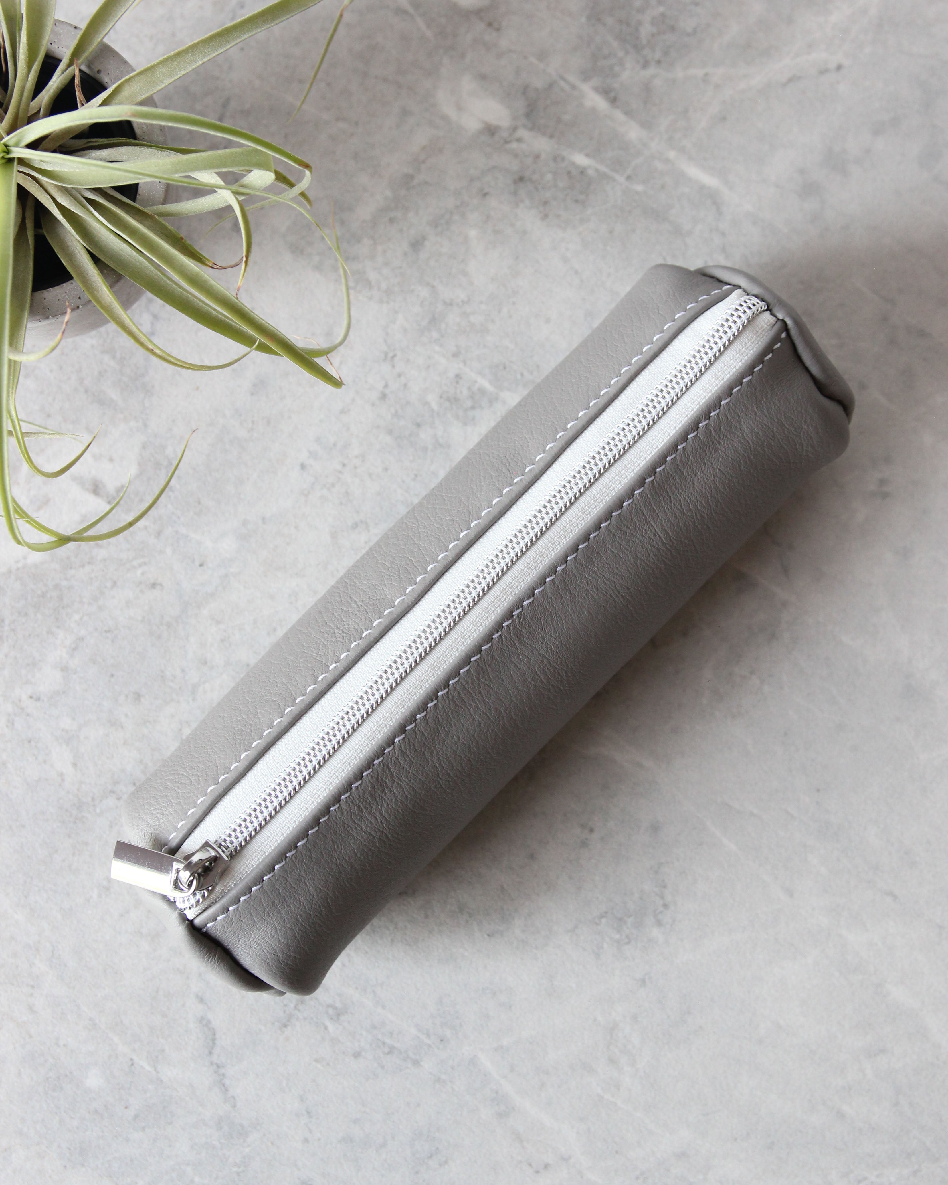 Leather Pencil Case, Zipper, Gray, Top View