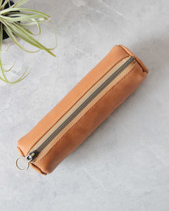 Leather Pencil Case, Zipper, Natural, Top View