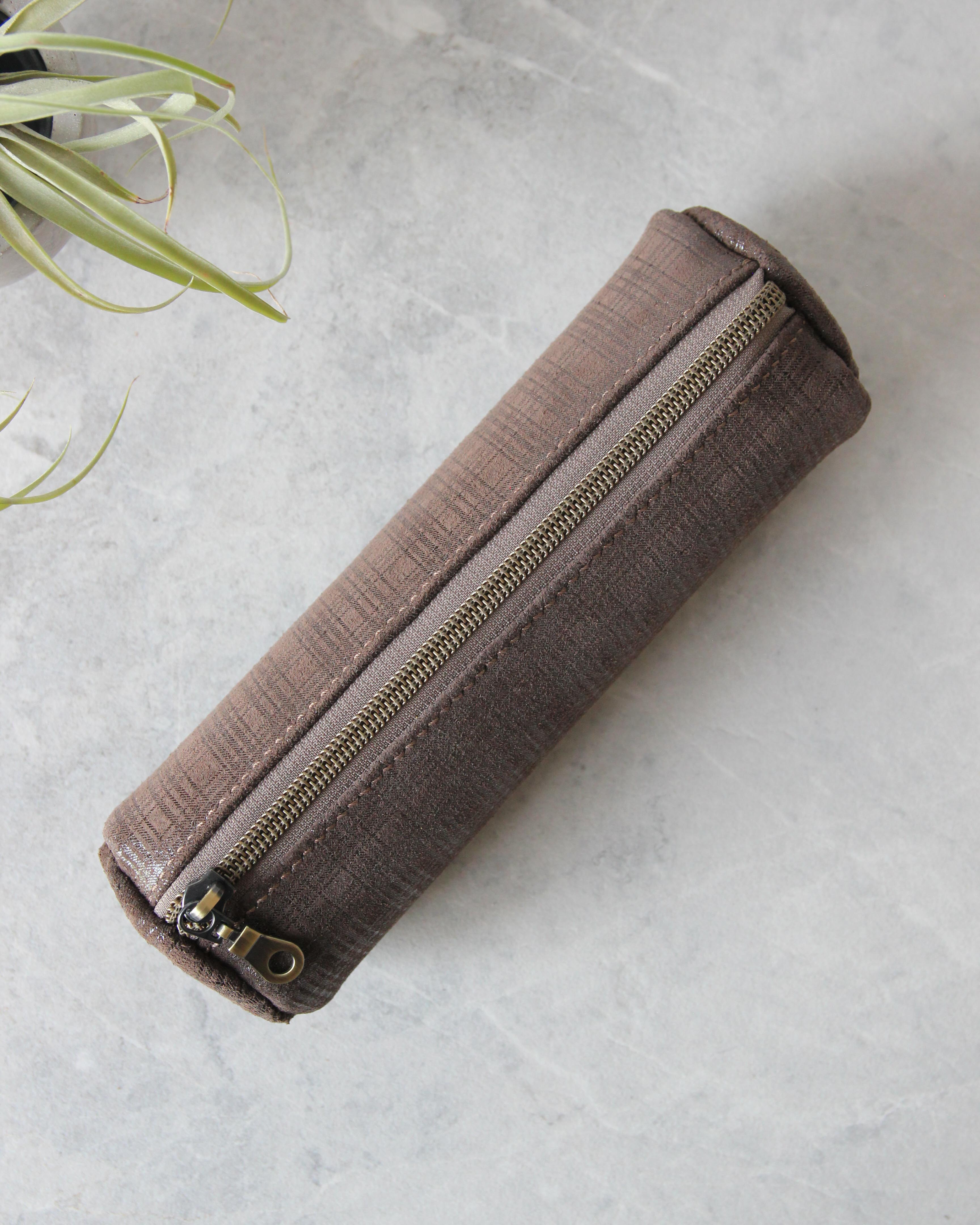 Leather Pencil Case, Zipper, Plaid Brown, Top View