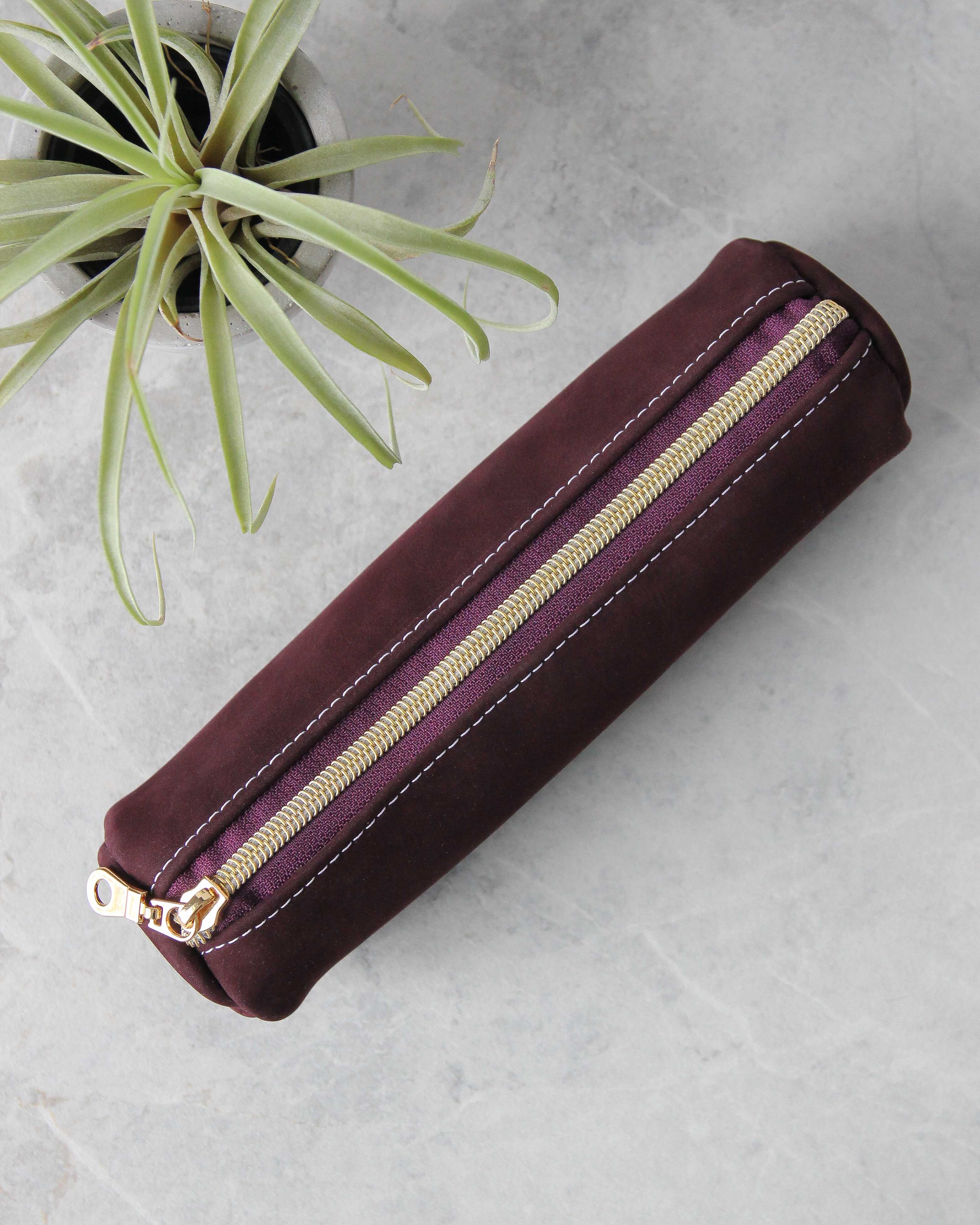 Leather Pencil Case, Zipper, Purple, Top View