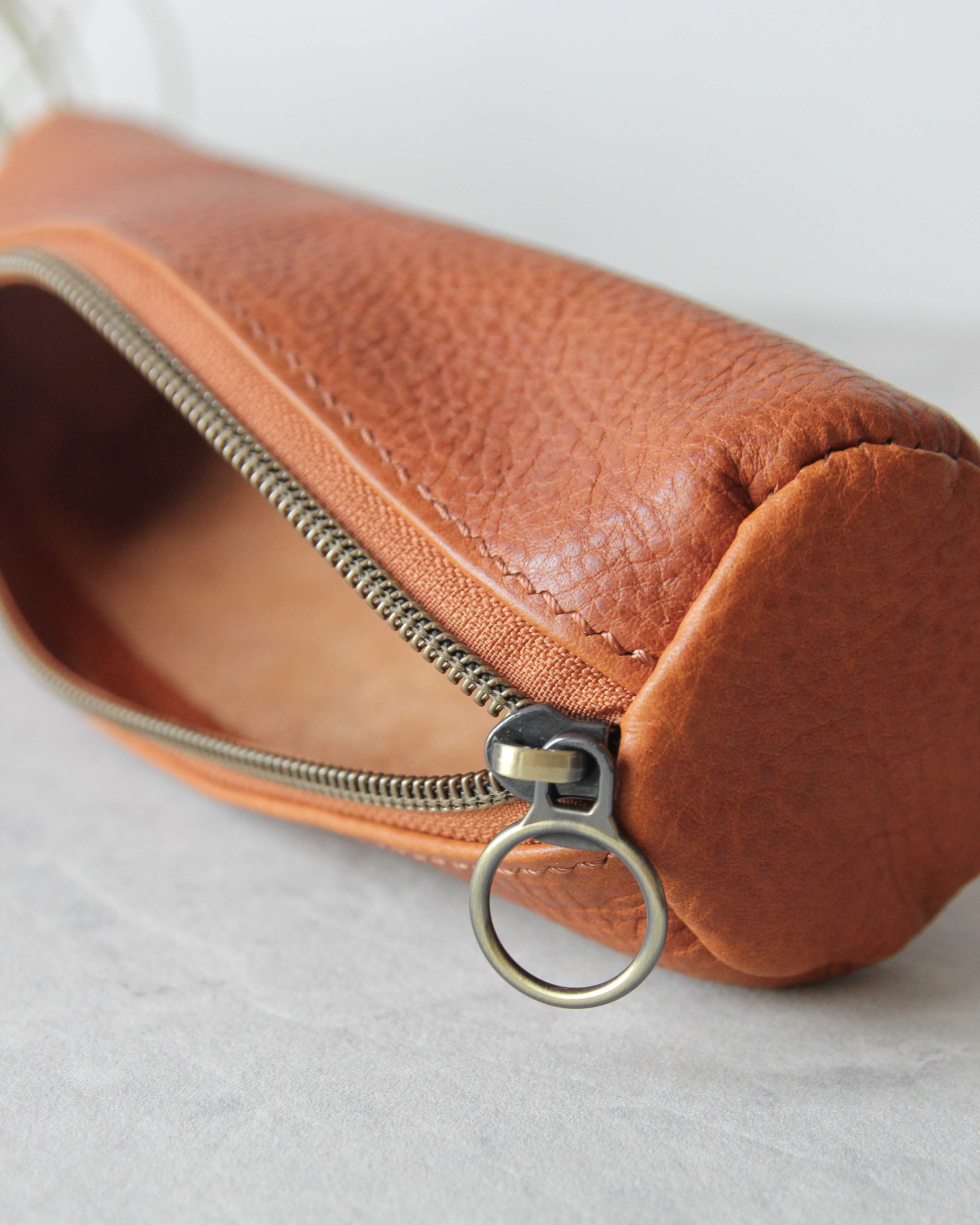 Leather Pencil Case, Zipper, Tan, Front View