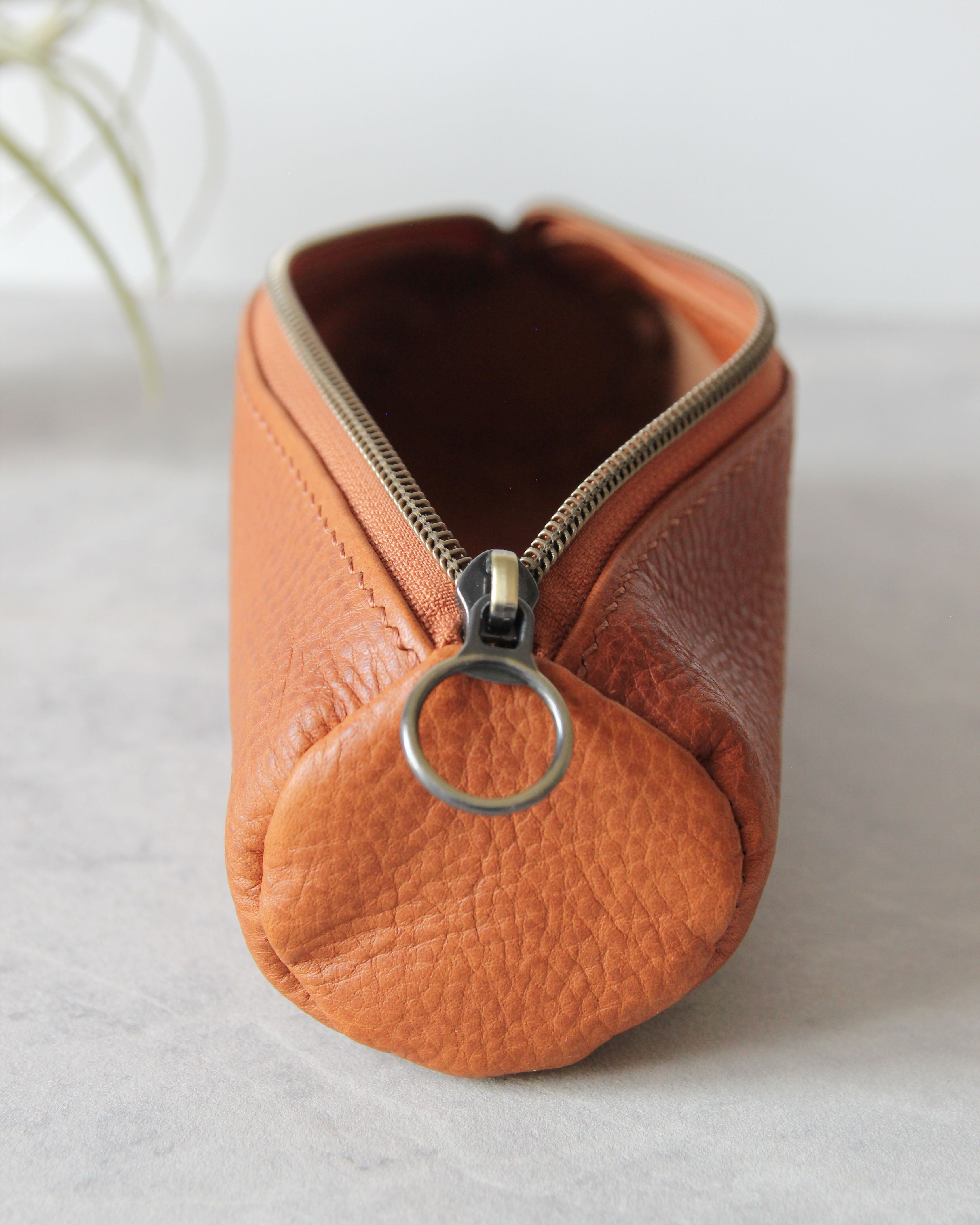 Leather Pencil Case, Zipper, Tan, Side View