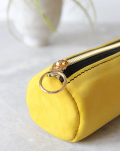 Leather Pencil Case, Zipper, Yellow, End View