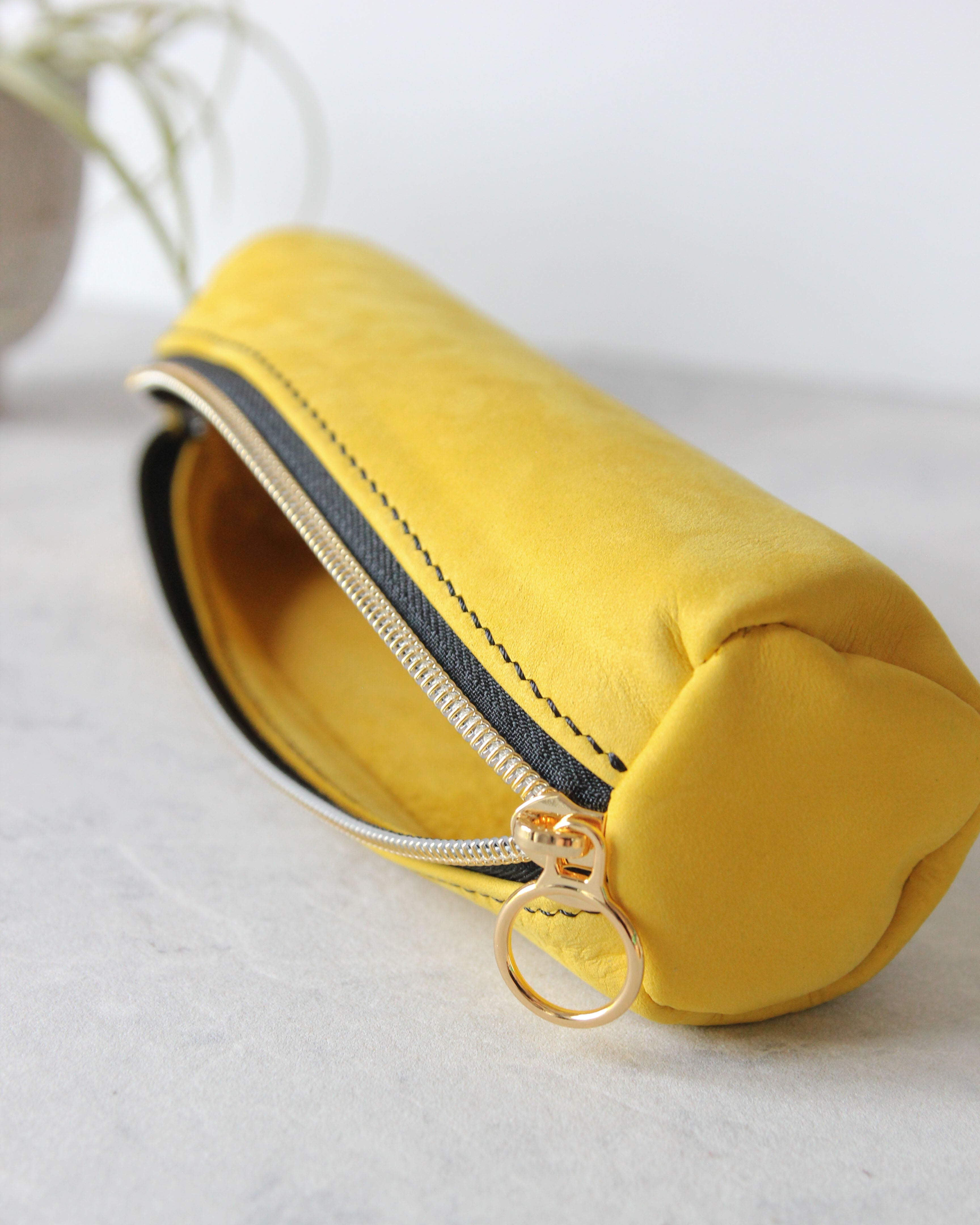 Leather Pencil Case, Zipper, Yellow, Front View