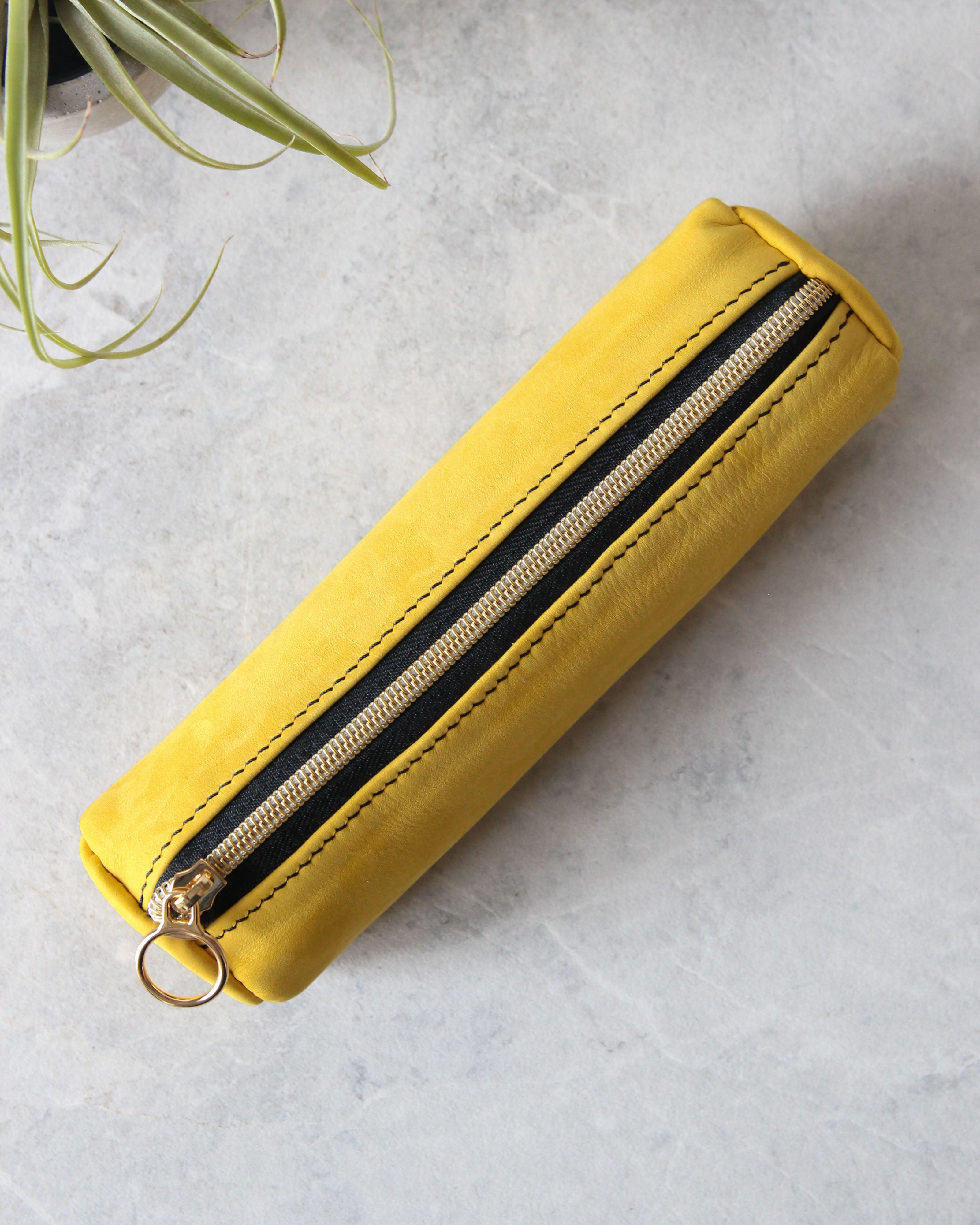 Leather Pencil Case, Zipper, Yellow, Top View