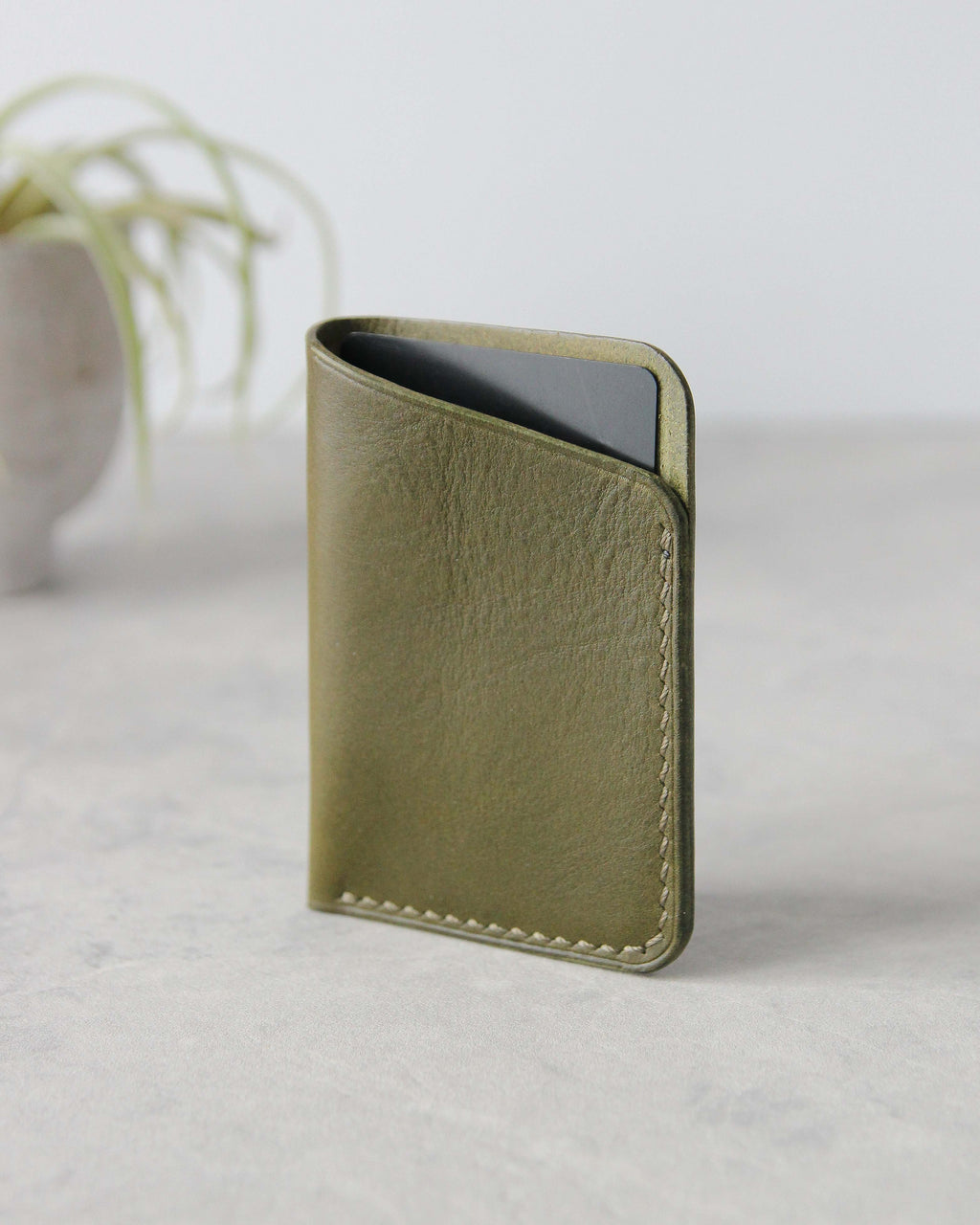 Leather Simple Cardholder, Olive Green, Front view