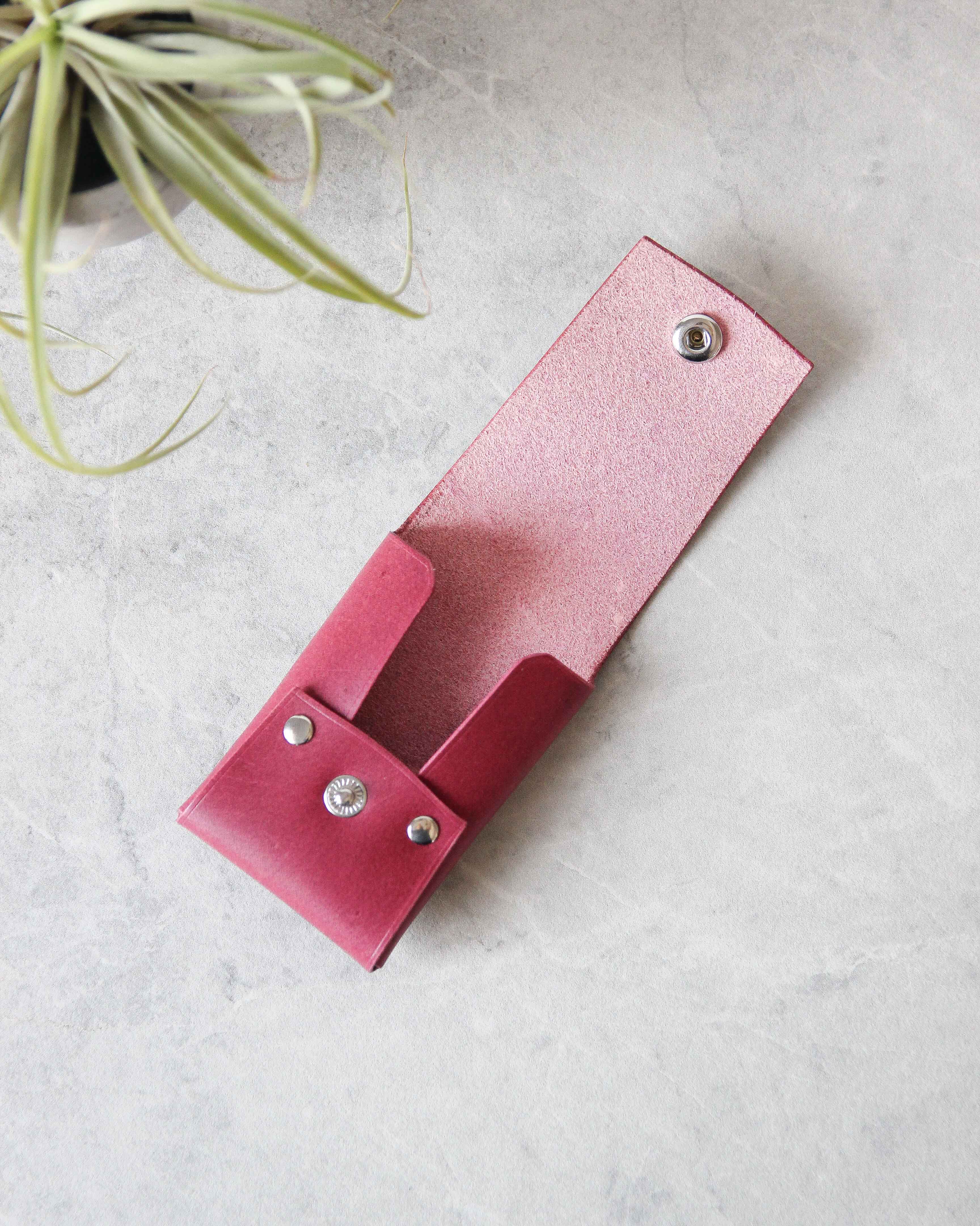 Leather Snap Cardholder, Magenta, Open view