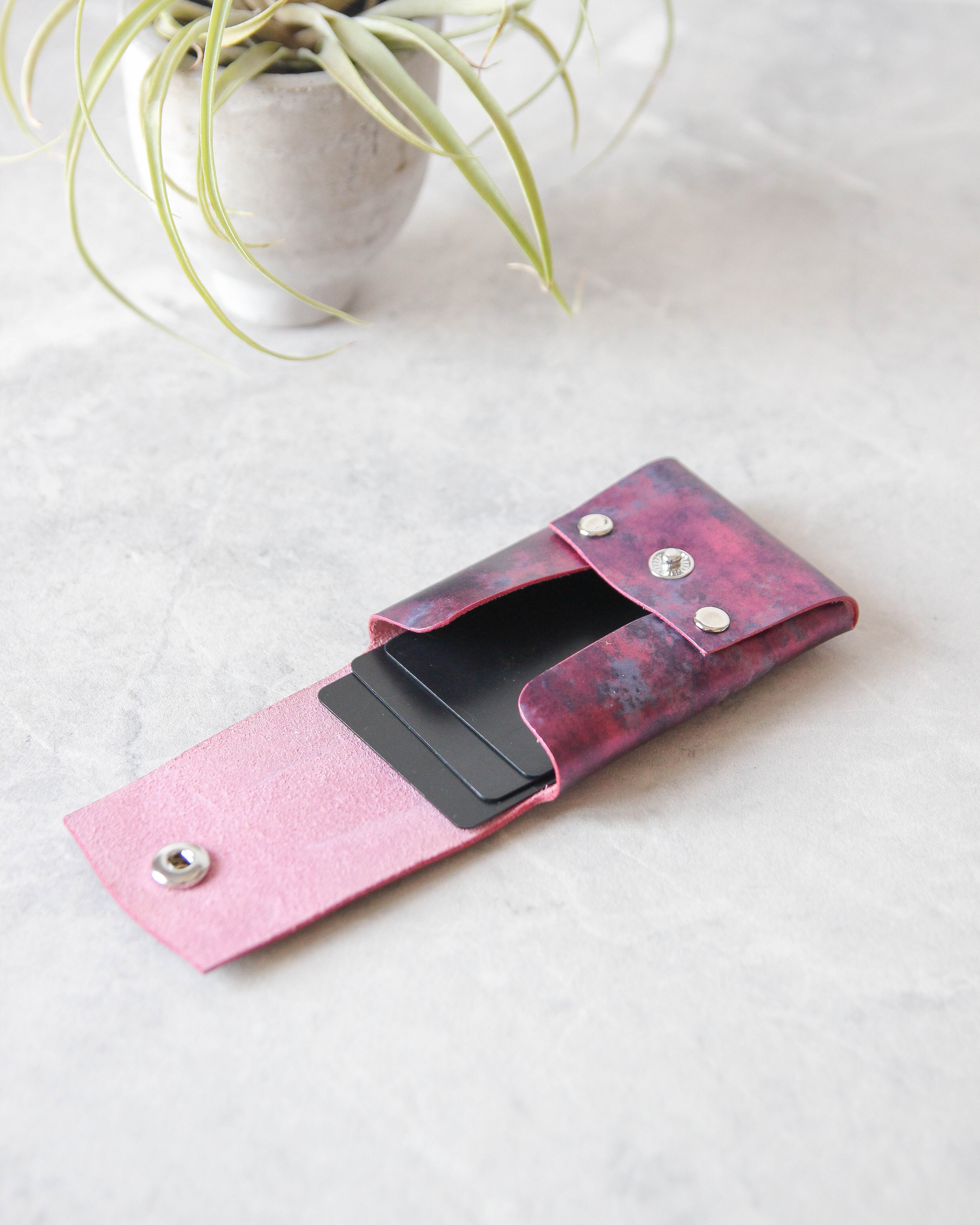 Leather Snap Cardholder, Metallic Purple, Side view