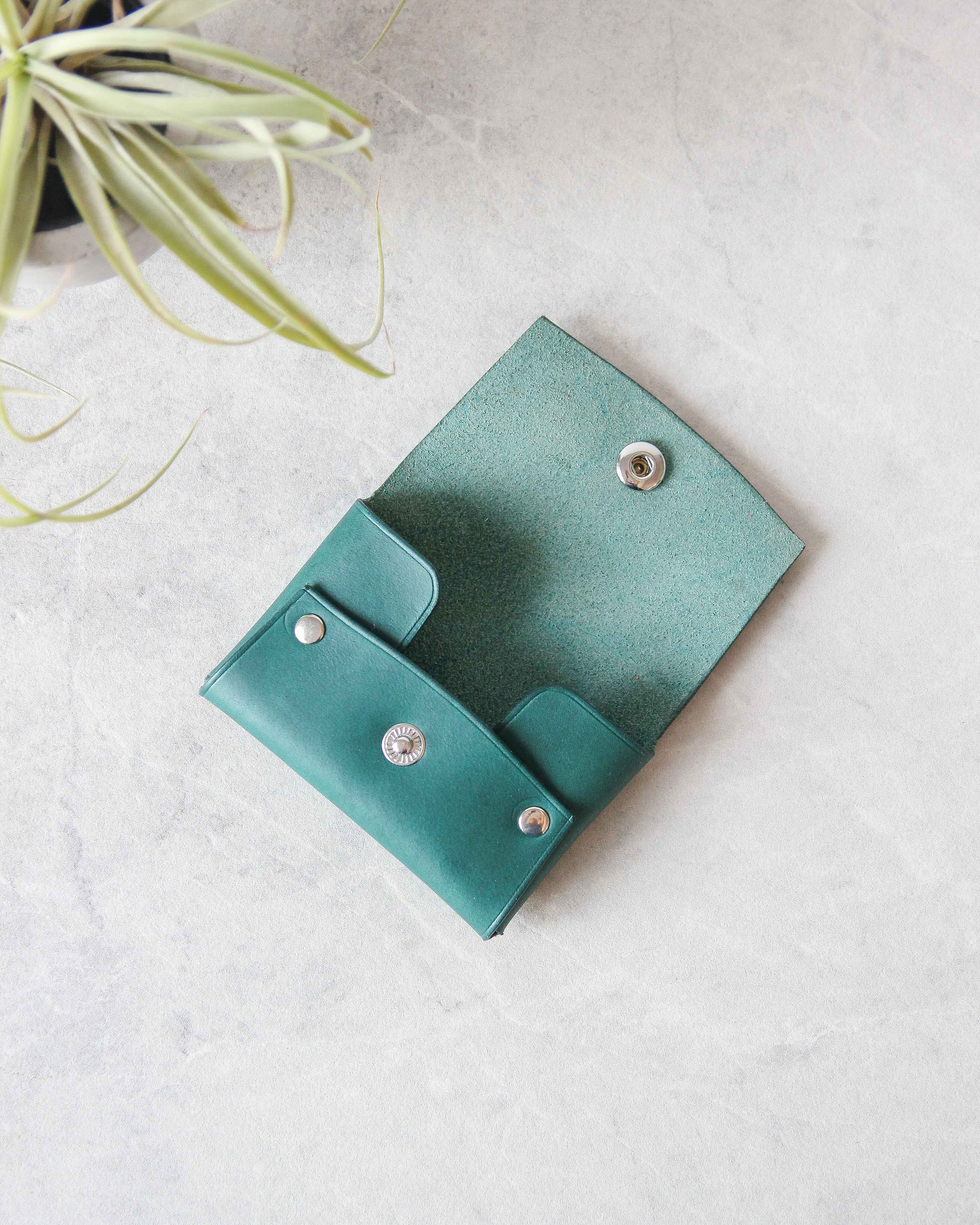 Leather Snap Wallet, Aqua, Open view