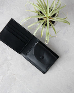 Leather Wallet, Black, 5 slots, Integrated Coin Pouch ,Top view