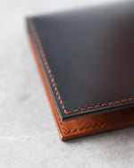 Load image into Gallery viewer, Leather Wallet, Black + Whiskey, 6 slots, Closeup view
