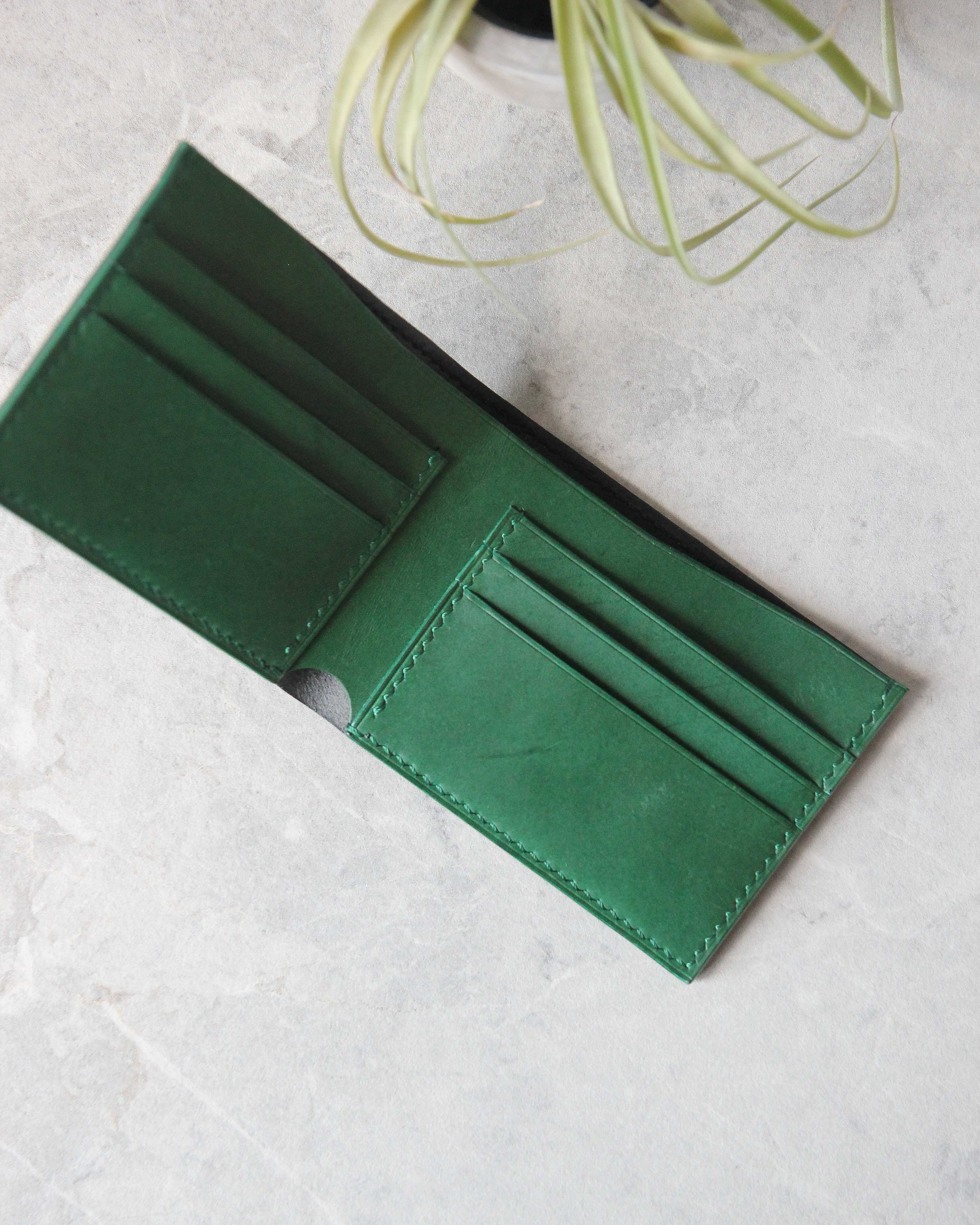 Leather Wallet, Black and Green, 6 slots, Top view