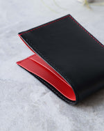 Load image into Gallery viewer, Leather Wallet ,Black and red, 4 slots, Side view
