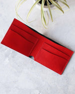 Load image into Gallery viewer, Leather Wallet ,Black and red, 4 slots, Top view
