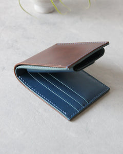 Leather Wallet, Brown and Blue, 5 slots, Integrated Coin Pouch, Closed view