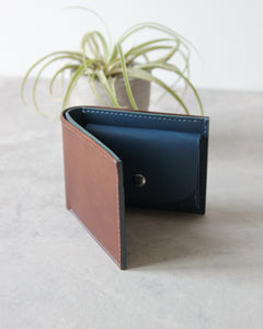 Leather Wallet, Brown and Blue, 5 slots, Integrated Coin Pouch, Front view