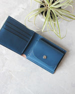 Charger l&#39;image dans la galerie, Leather Wallet, Brown and Blue, 5 slots, Integrated Coin Pouch, Top view
