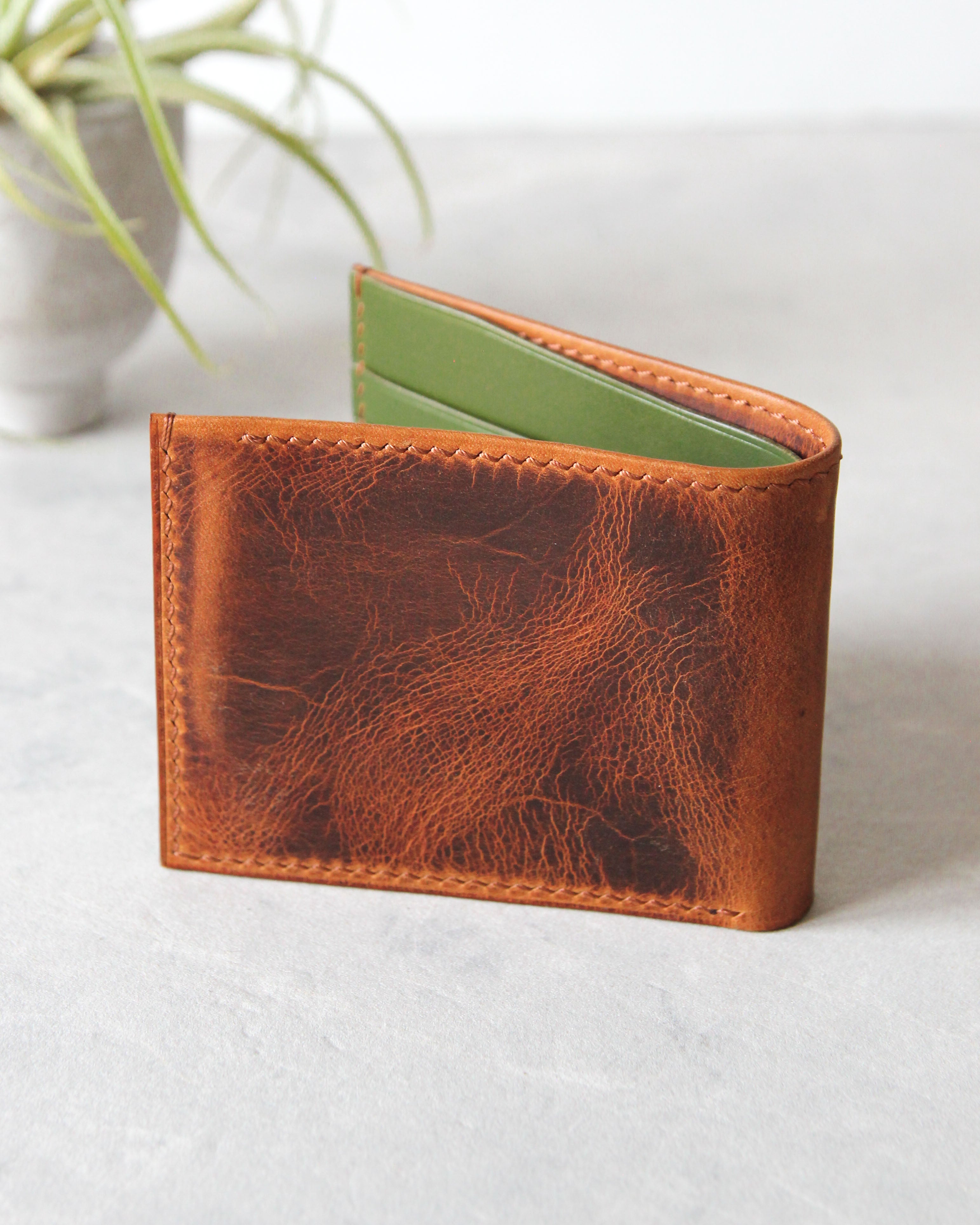 Leather Wallet, Cognac and Green, 6 slots, Back view