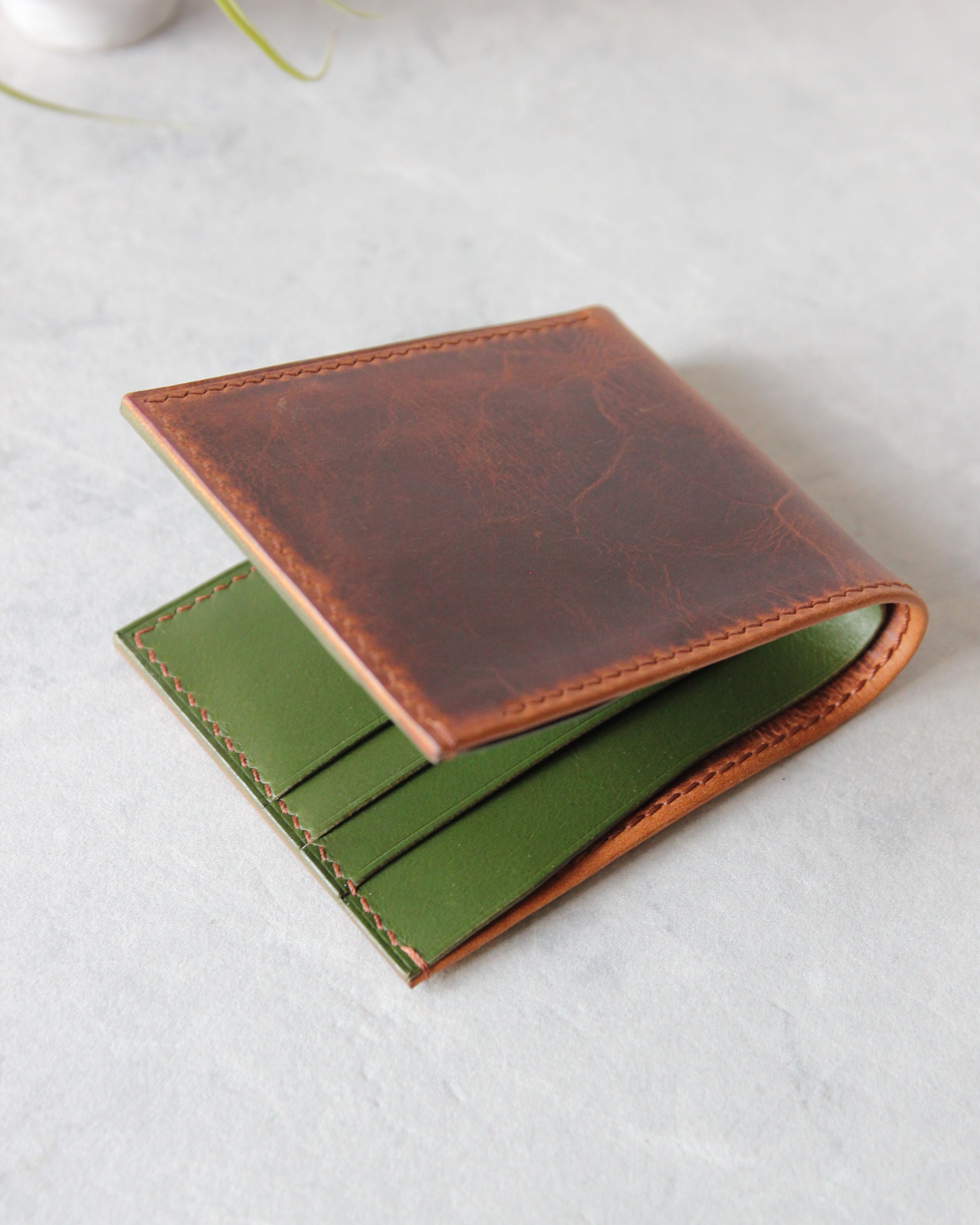 Leather Wallet, Cognac and Green, 6 slots, Closed view