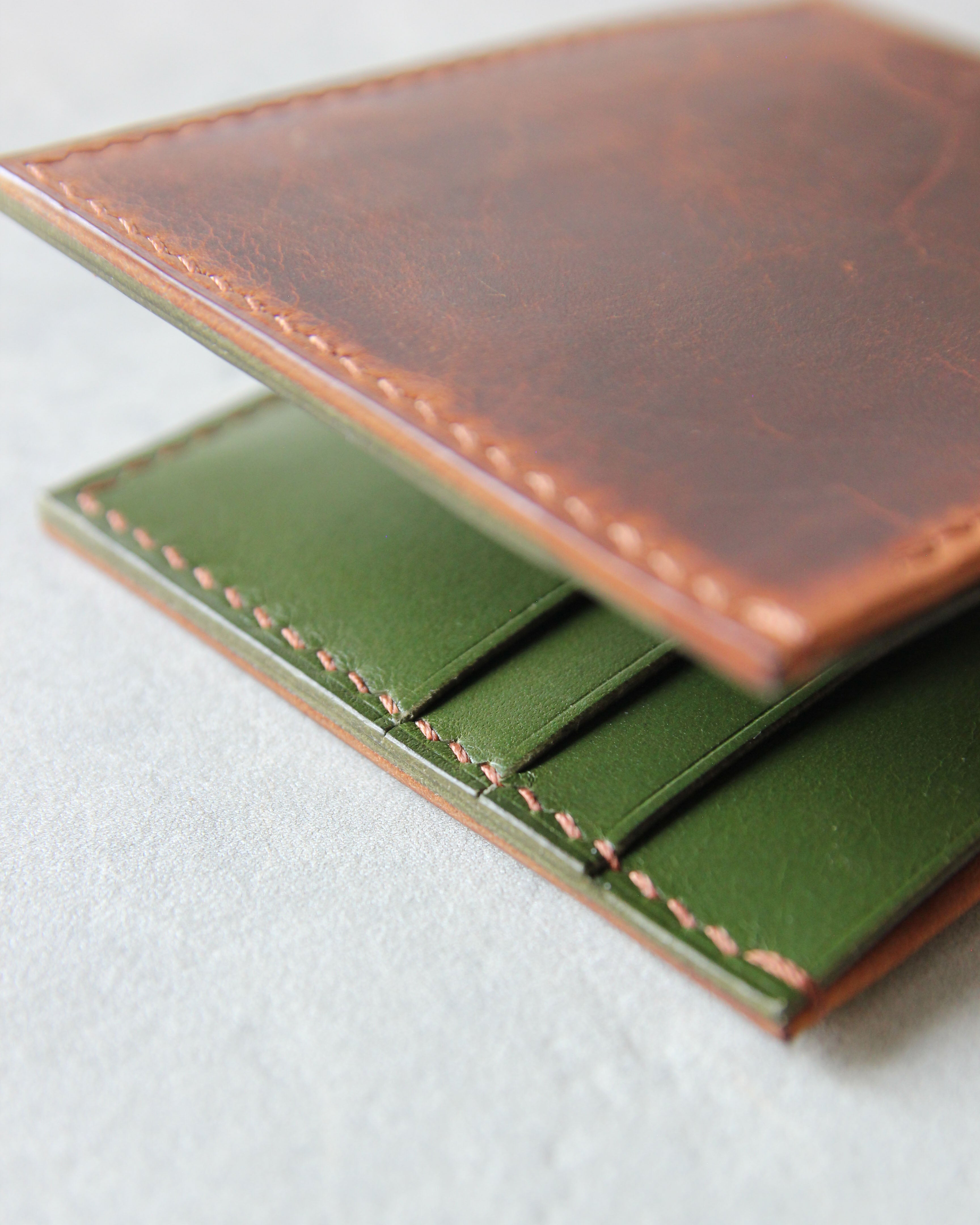 Leather Wallet, Cognac and Green, 6 slots, Detail view