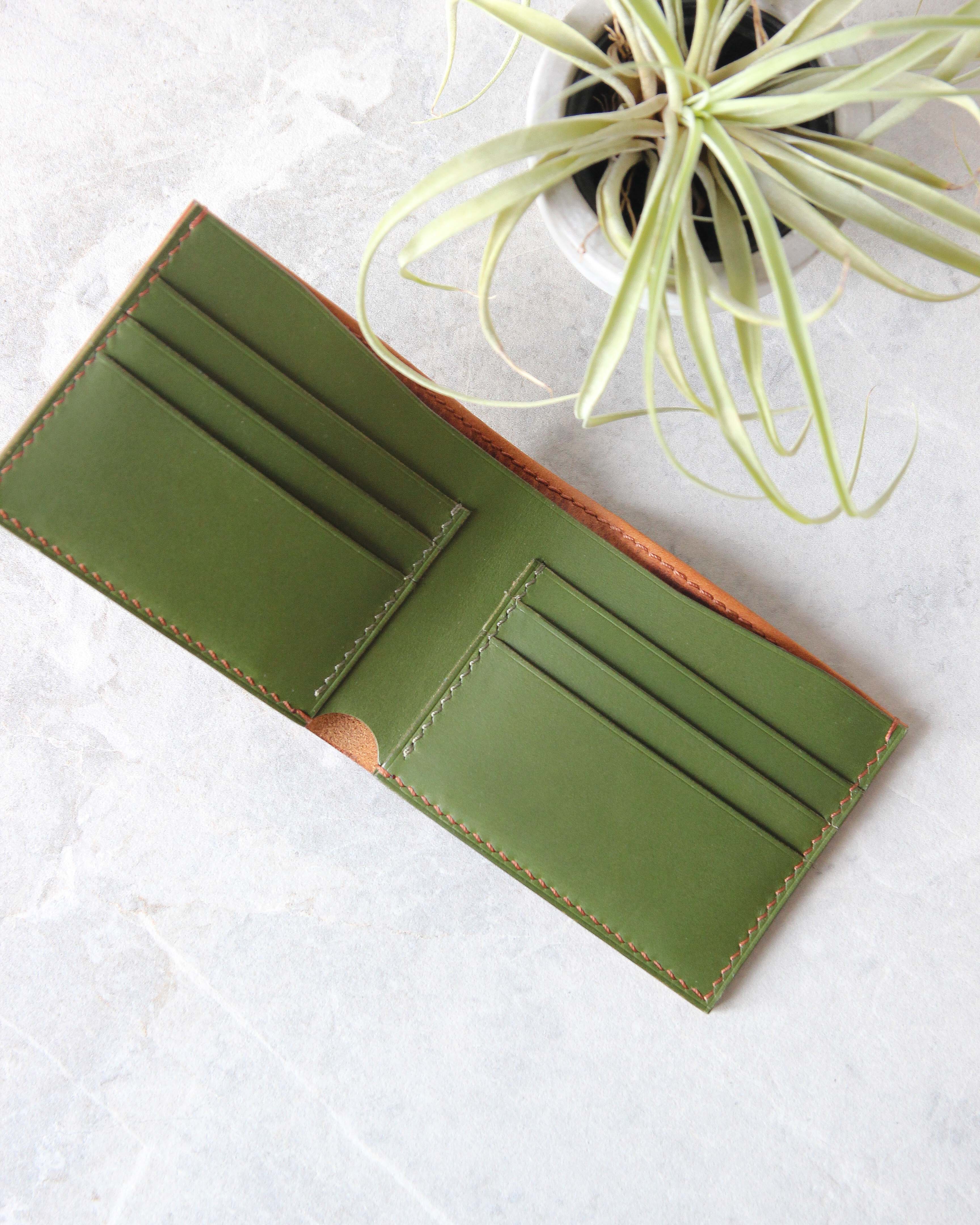 Leather Wallet, Cognac and Green, 6 slots, Top view