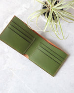 Load image into Gallery viewer, Leather Wallet, Cognac and Green, 6 slots, Top view
