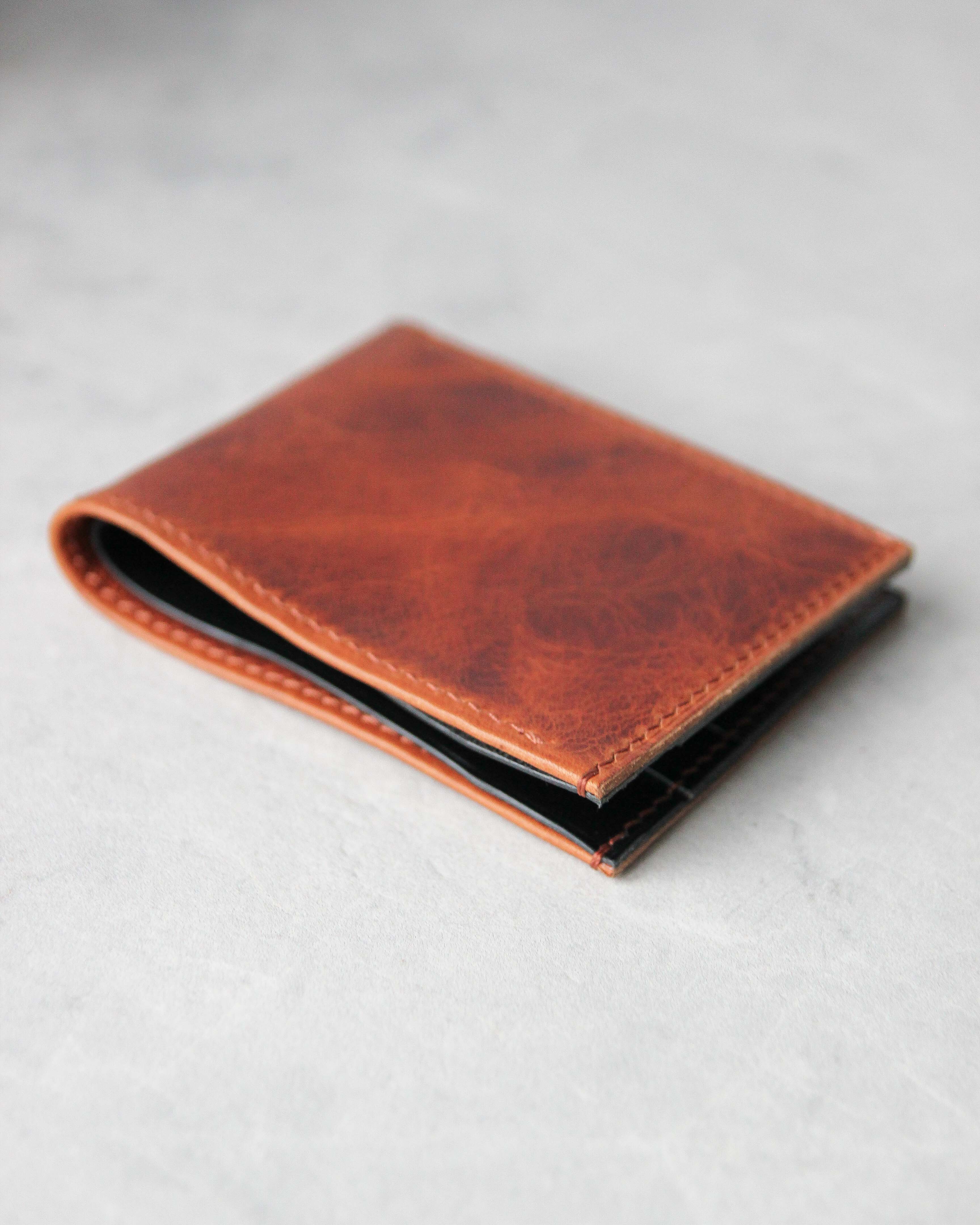 Leather Wallet ,Cognac and black, 4 slots, Closed view