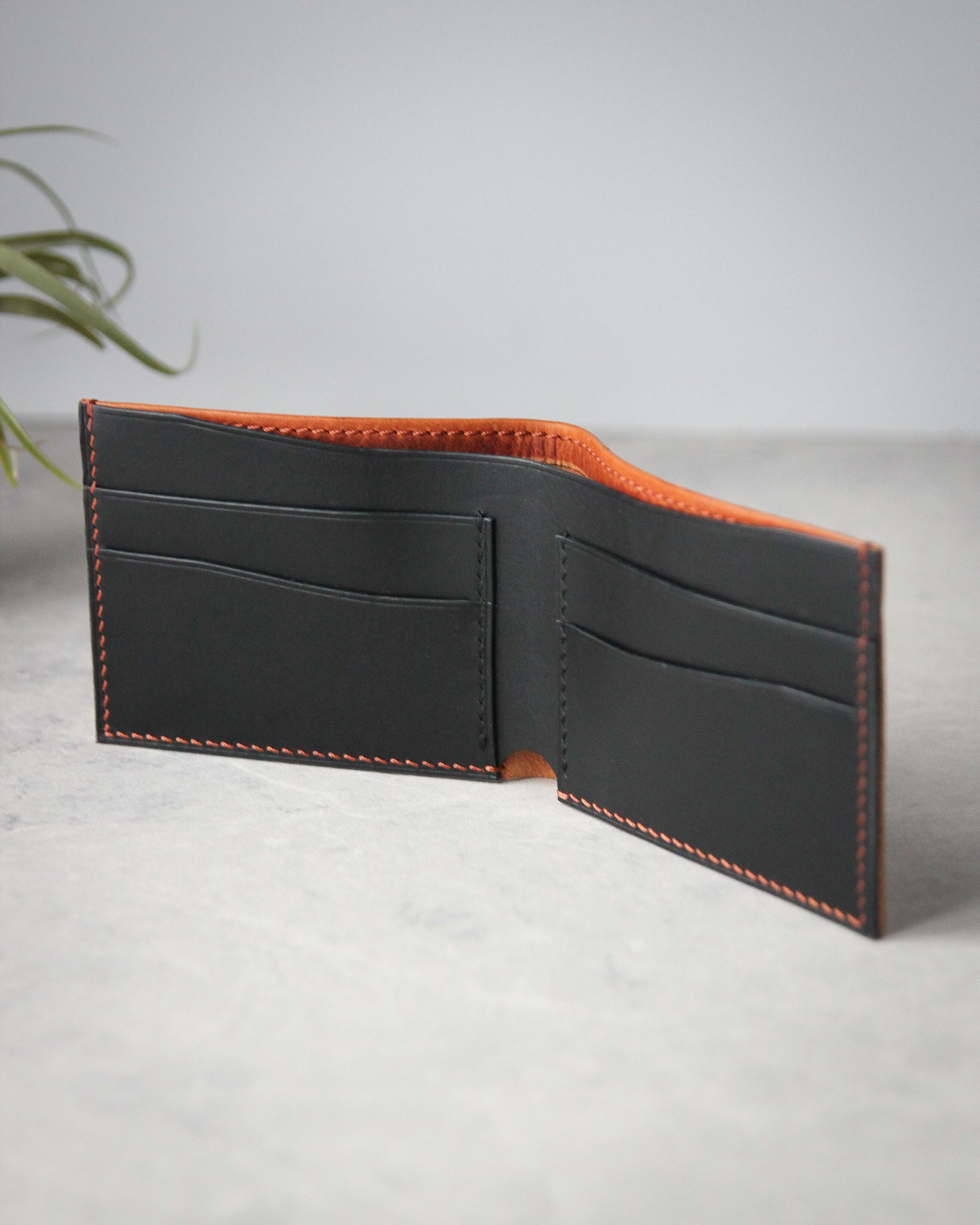 Leather Wallet ,Cognac and black, 4 slots, Front view