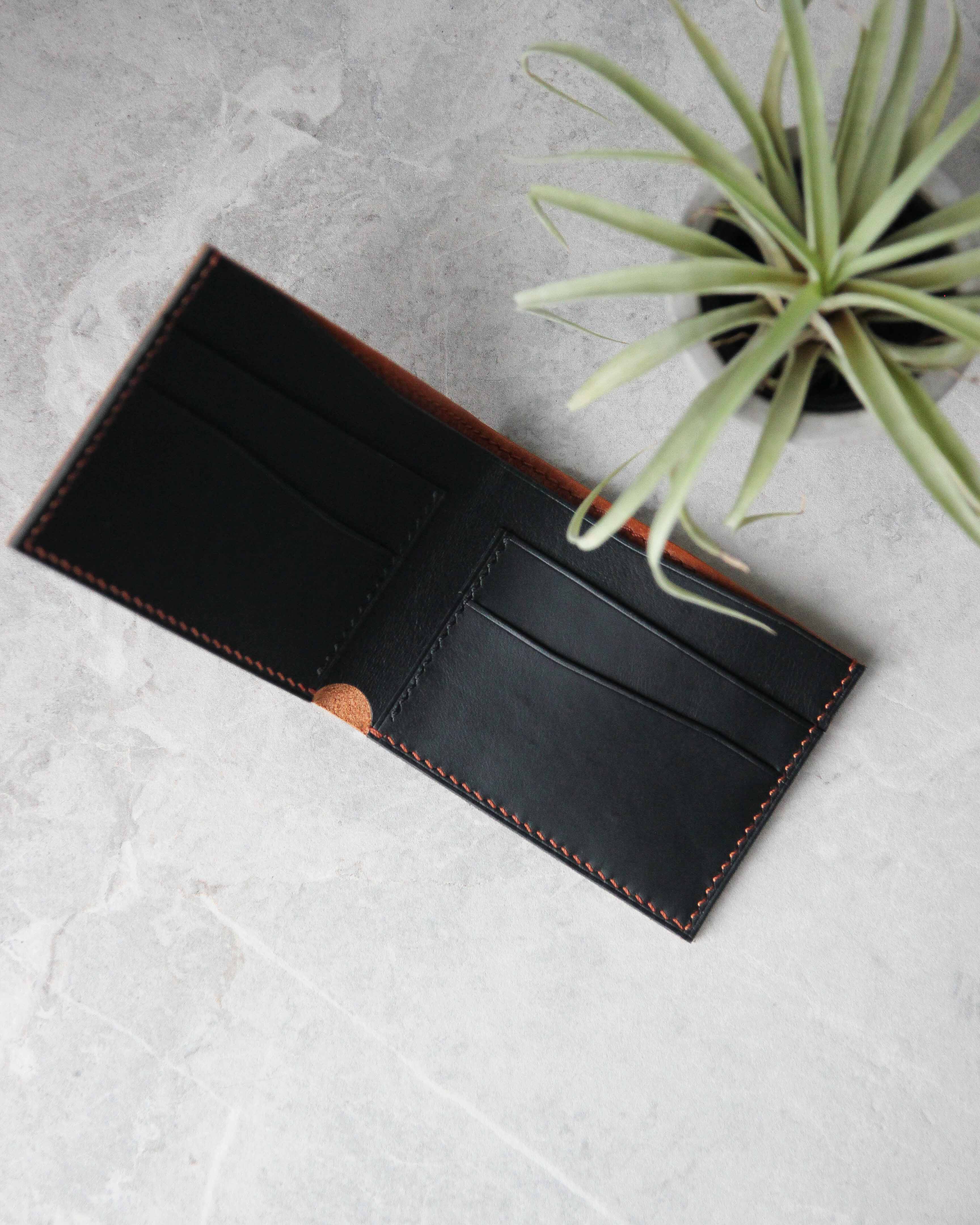 Leather Wallet ,Cognac and black, 4 slots, Top view