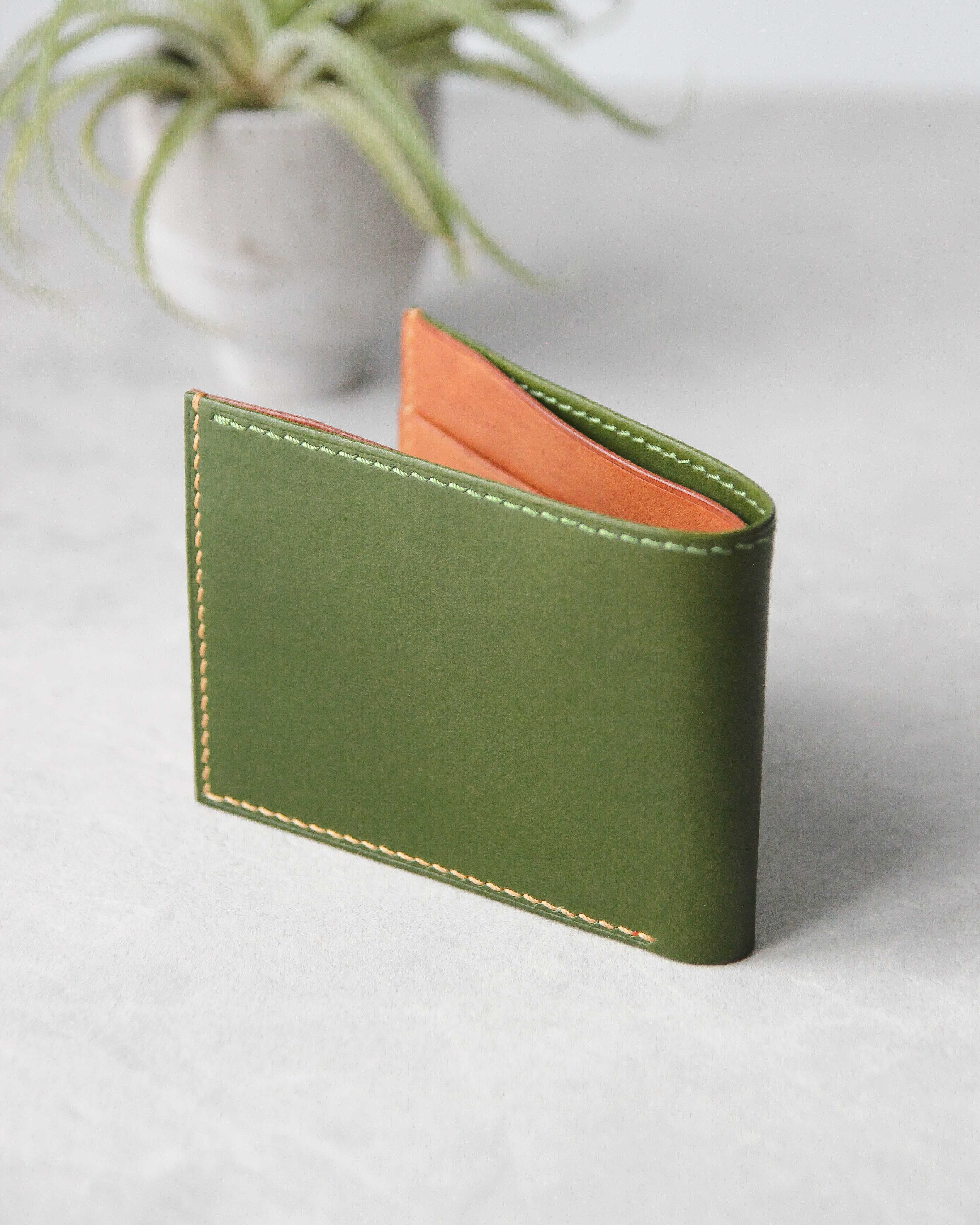 Leather Wallet ,Green and whiskey, 4 slots, Back view