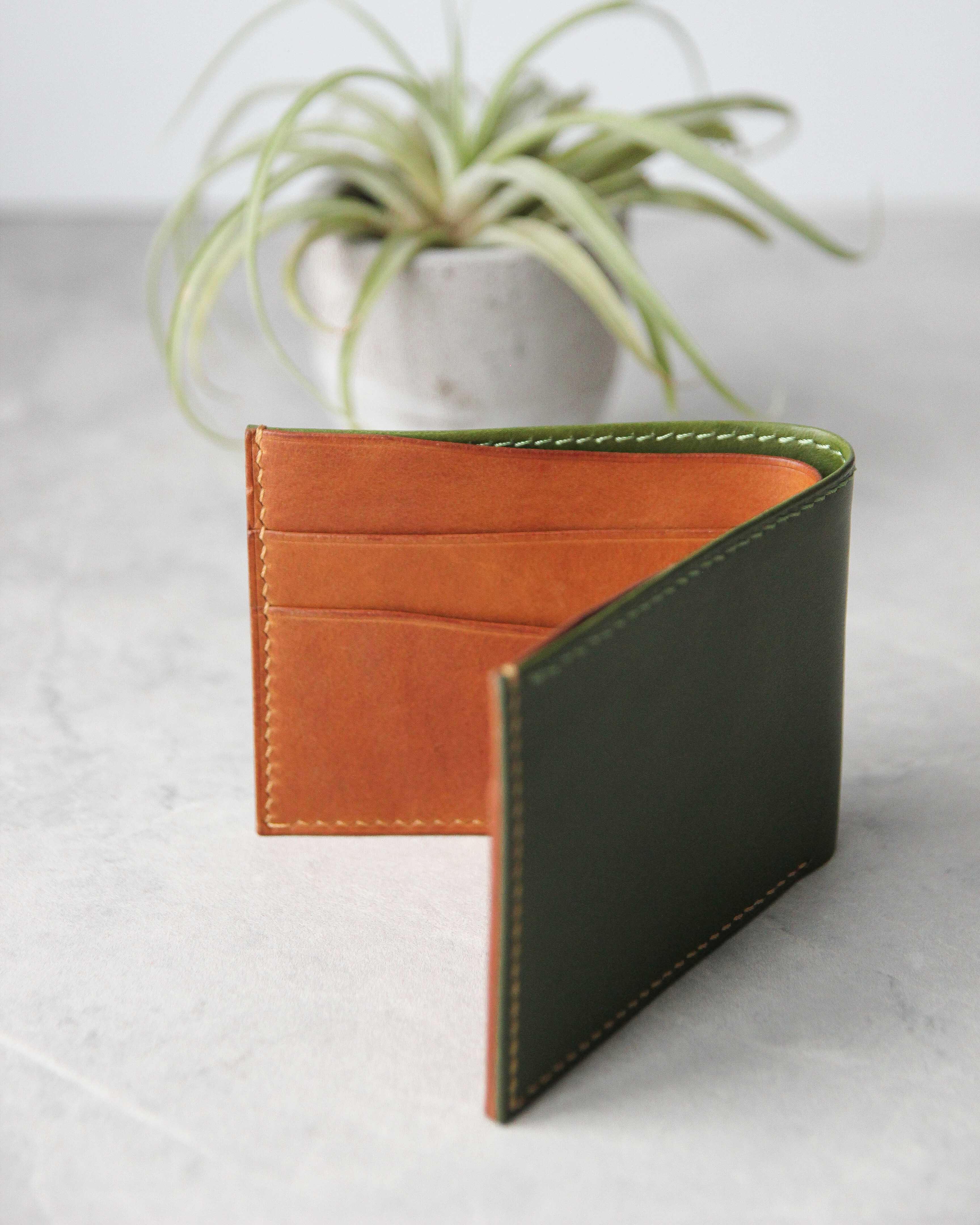 Leather Wallet ,Green and whiskey, 4 slots, Front view