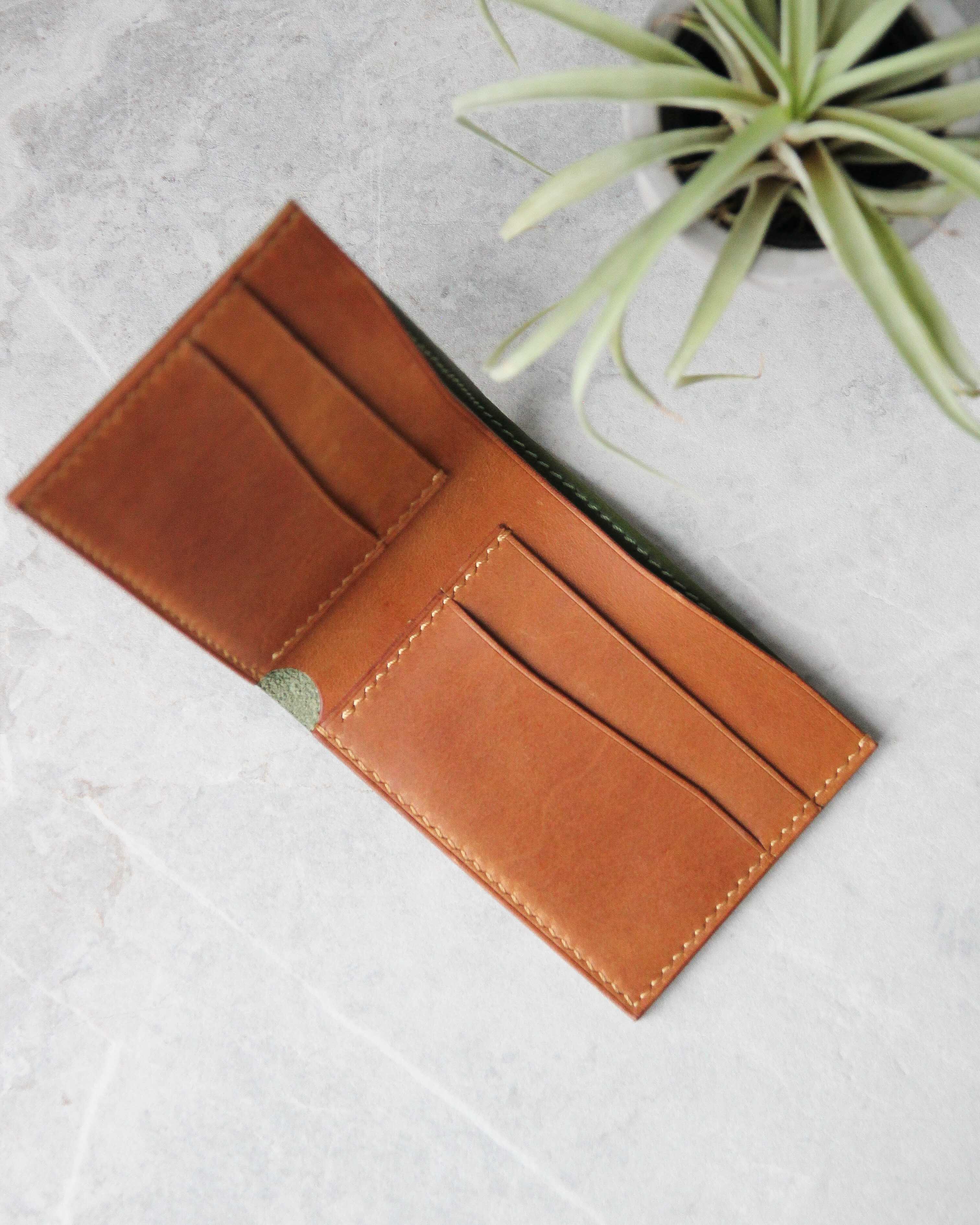 Leather Wallet ,Green and whiskey, 4 slots, Top view