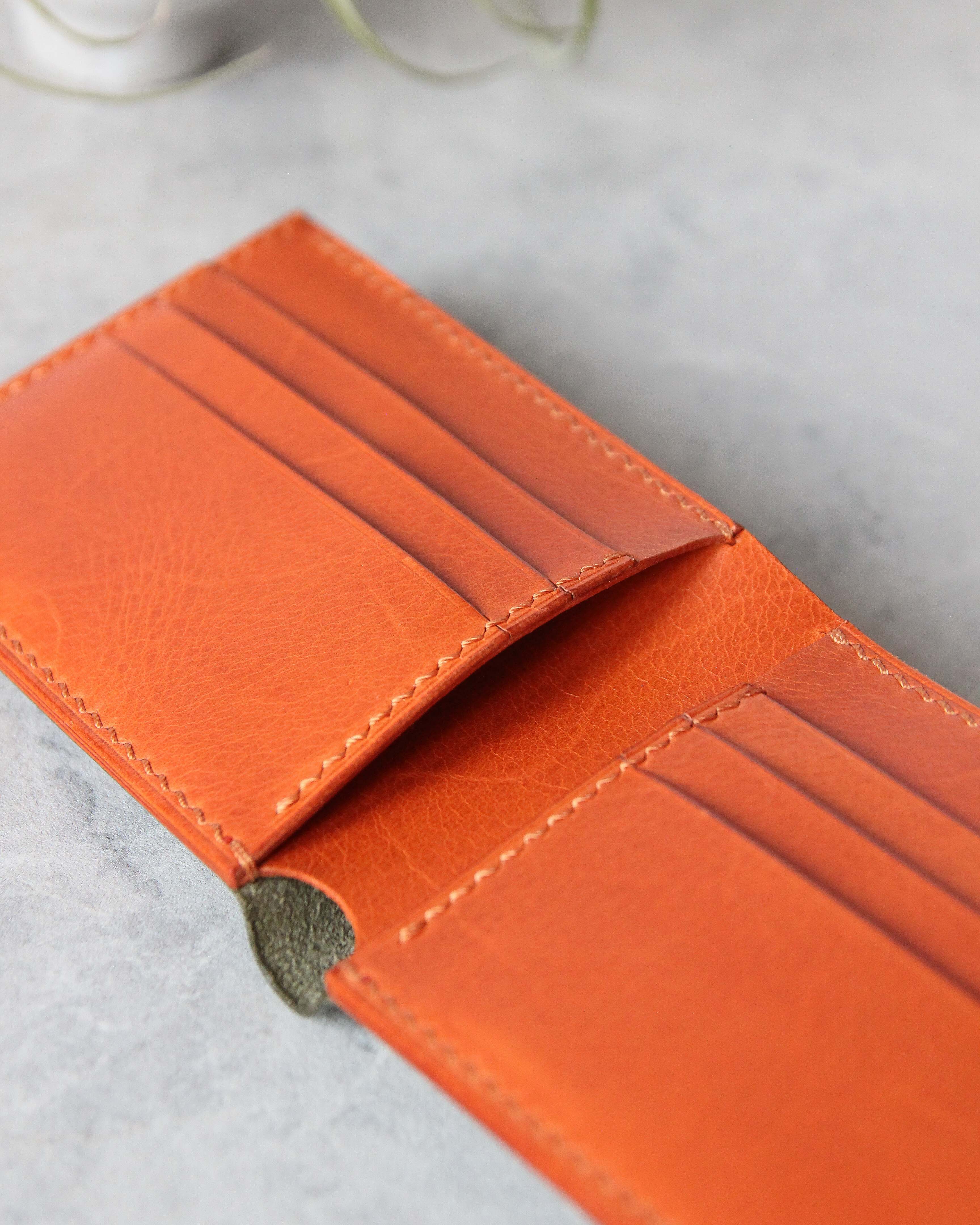 Leather Wallet, Olive+Orange 8 slots, Open view