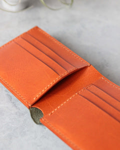 Leather Wallet, Olive+Orange 8 slots, Open view