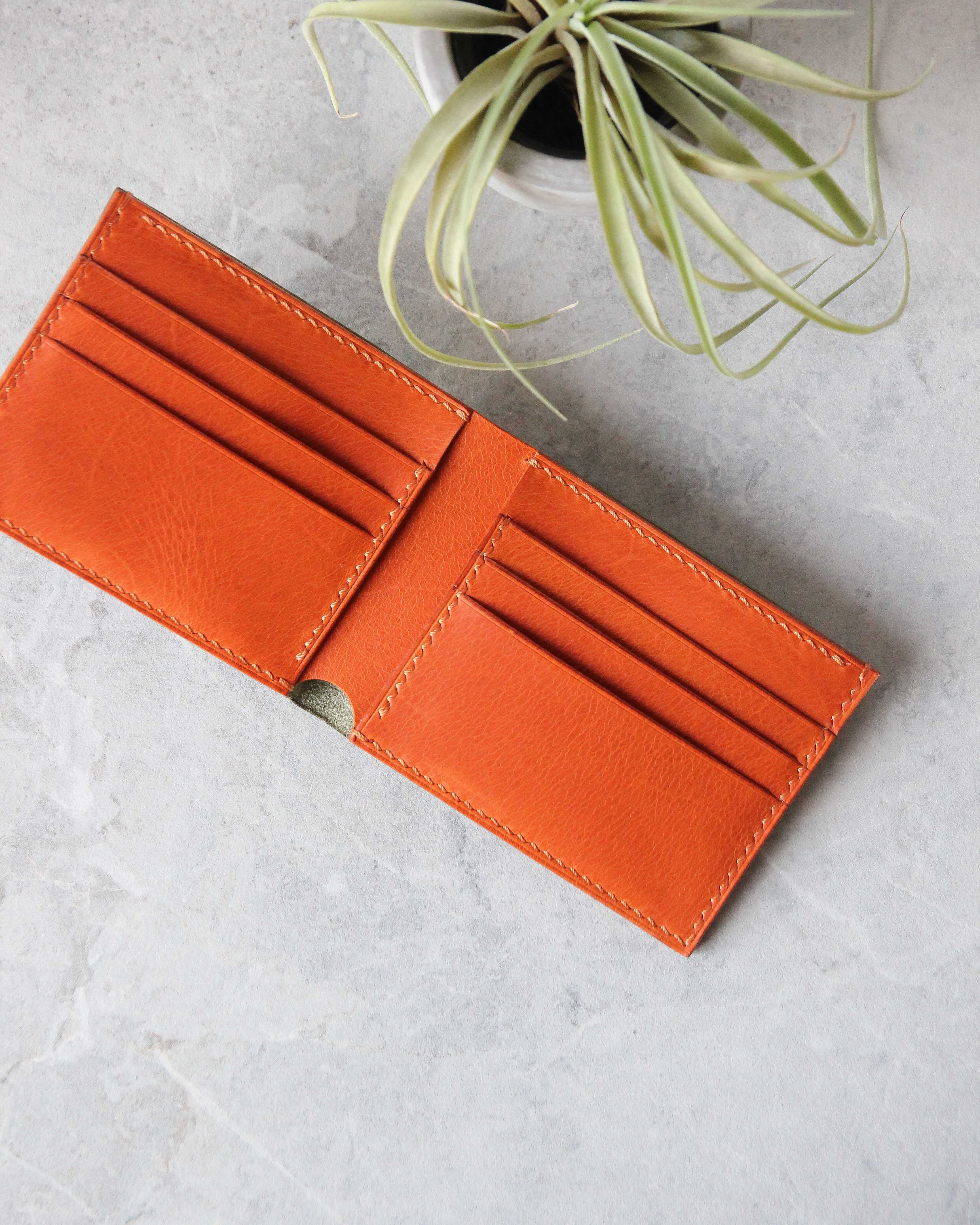 Leather Wallet, Olive+Orange 8 slots, Top view