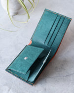 Charger l'image dans la galerie, Leather Wallet, Orange and Teal, 5 slots, Integrated Coin Pouch, Open view
