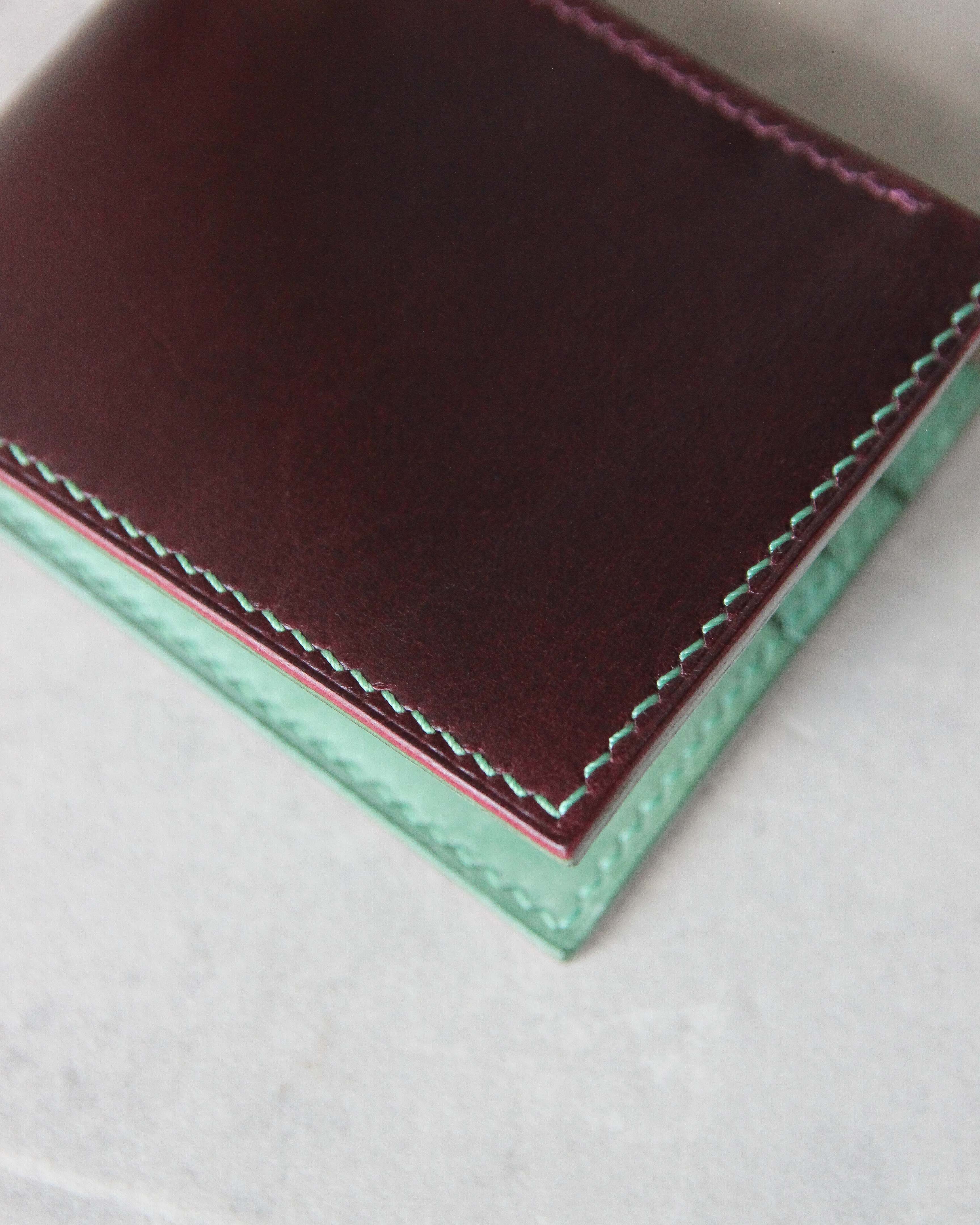 Leather Wallet, Plum and Teal, 6 slots, Detail view