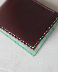 Leather Wallet, Plum and Teal, 6 slots, Detail view