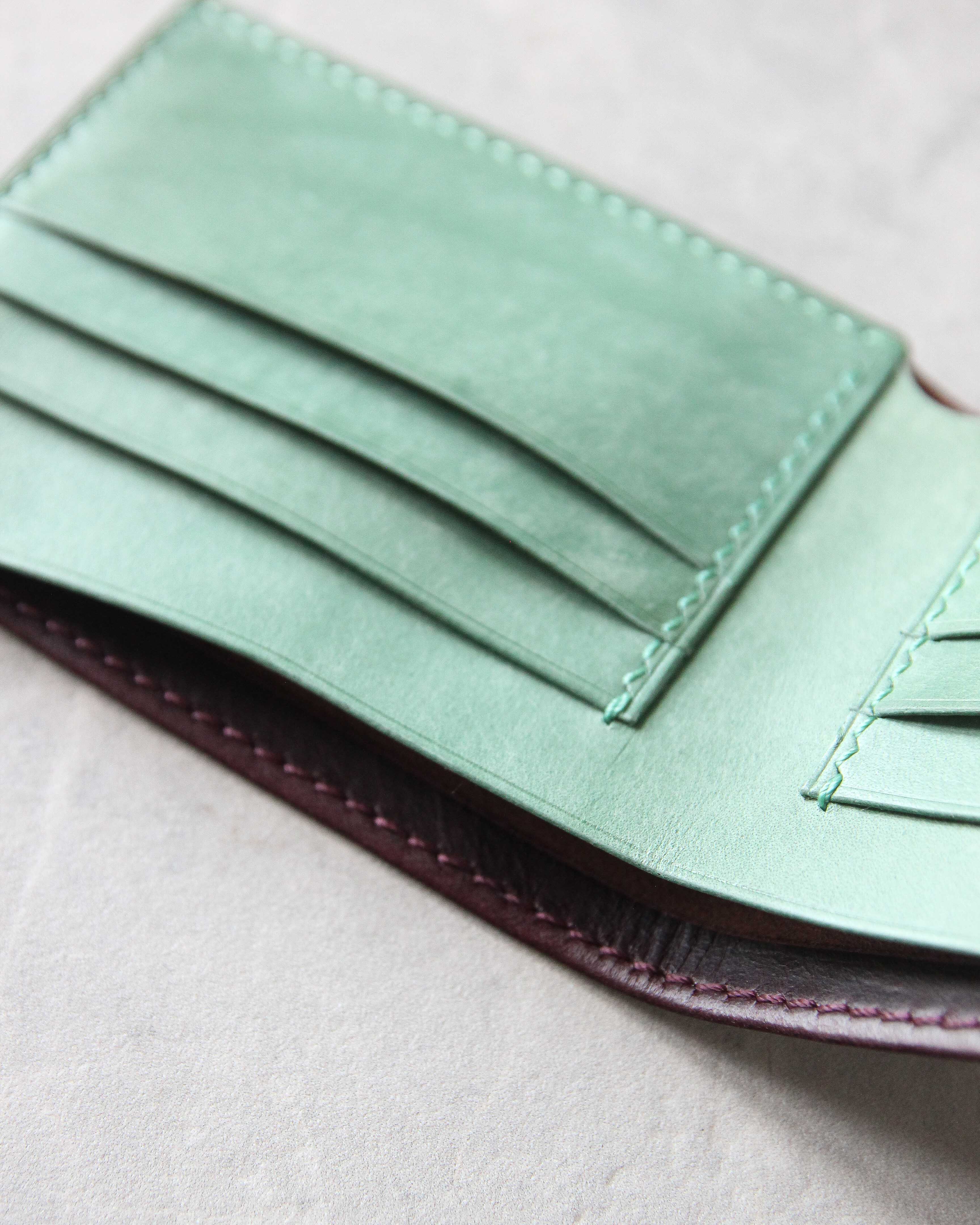 Leather Wallet, Plum and Teal, 6 slots, Open view