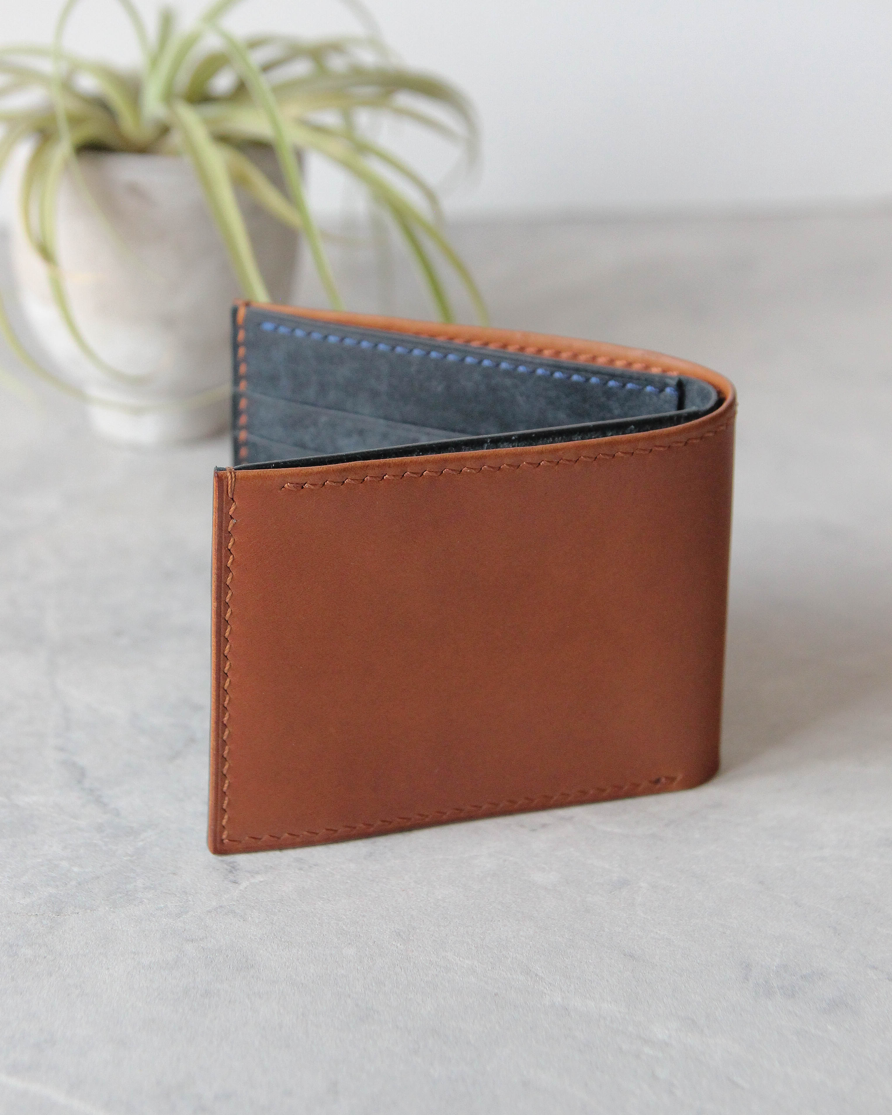 Leather Wallet, Tan+Blue, 8 slots, Front view