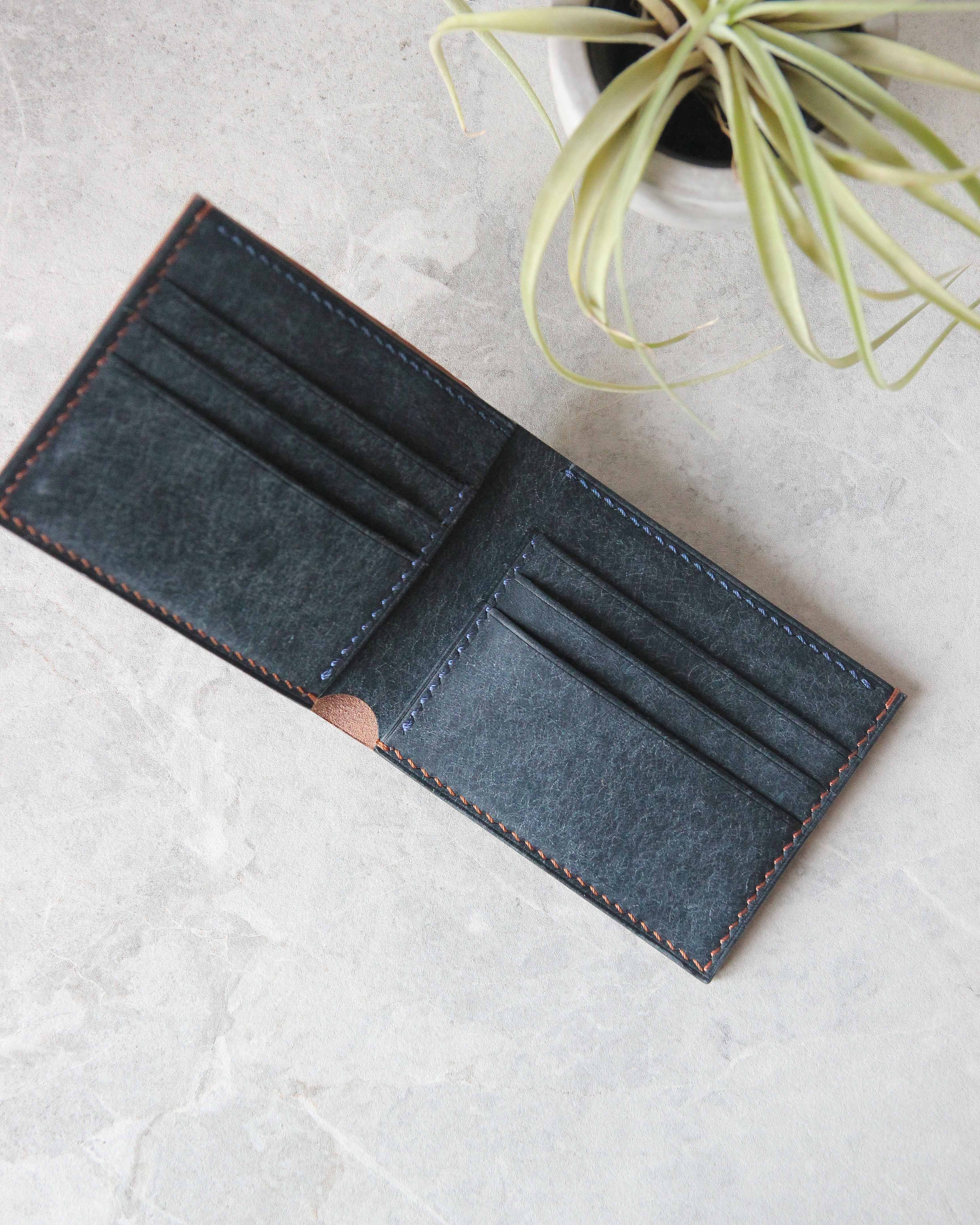 Leather Wallet, Tan+Blue, 8 slots, Top view