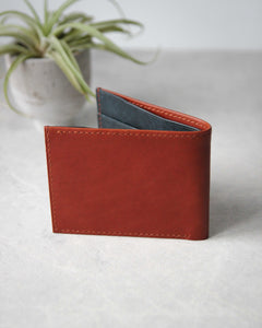 Leather Wallet, Tan and navy blue, 4 slots, Front view