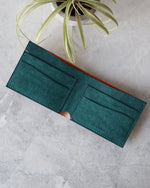 Load image into Gallery viewer, Leather Wallet ,Whiskey and Teal, 4 slots, Top view
