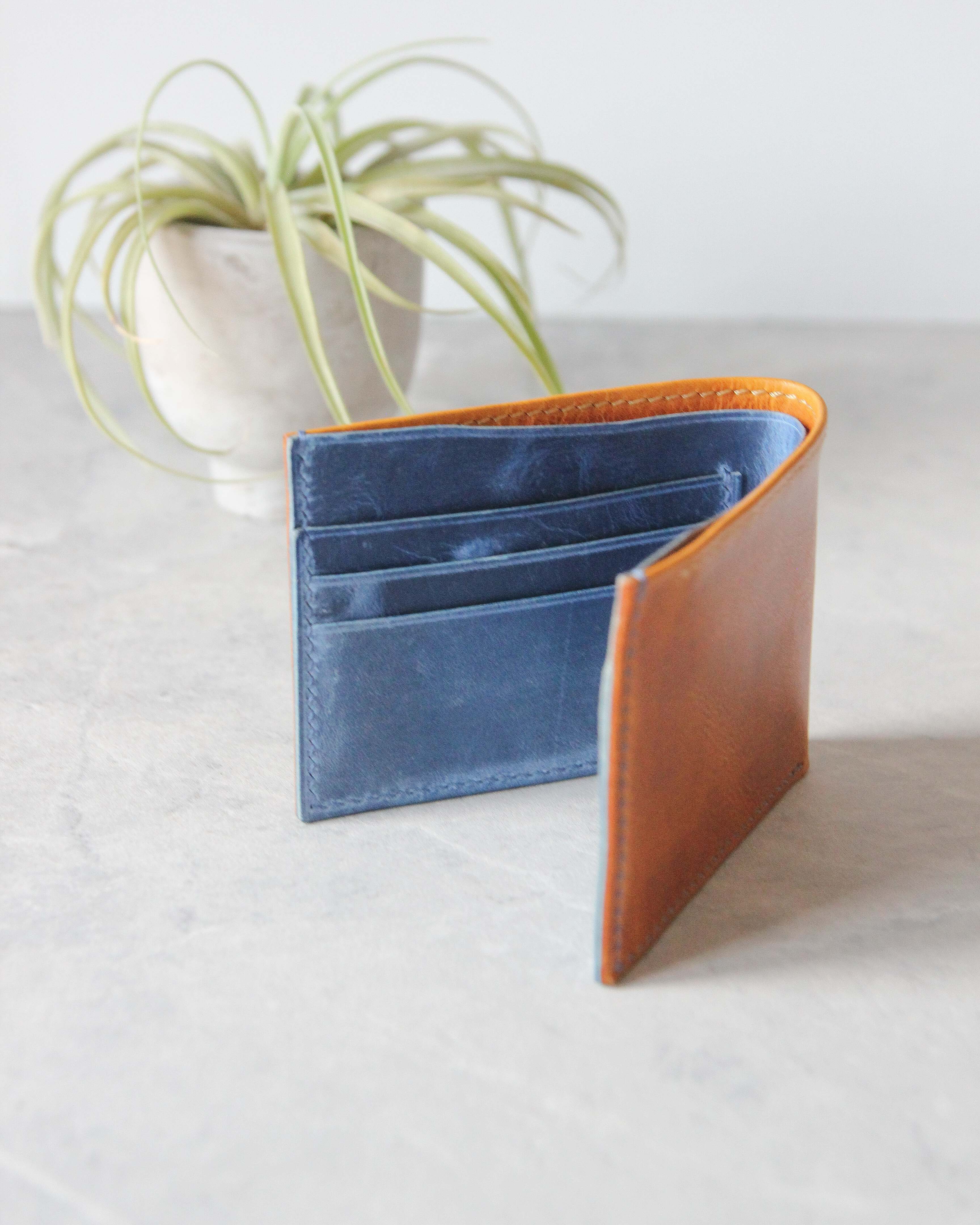 Leather Wallet, Yellow and Blue, 6 slots, Front view