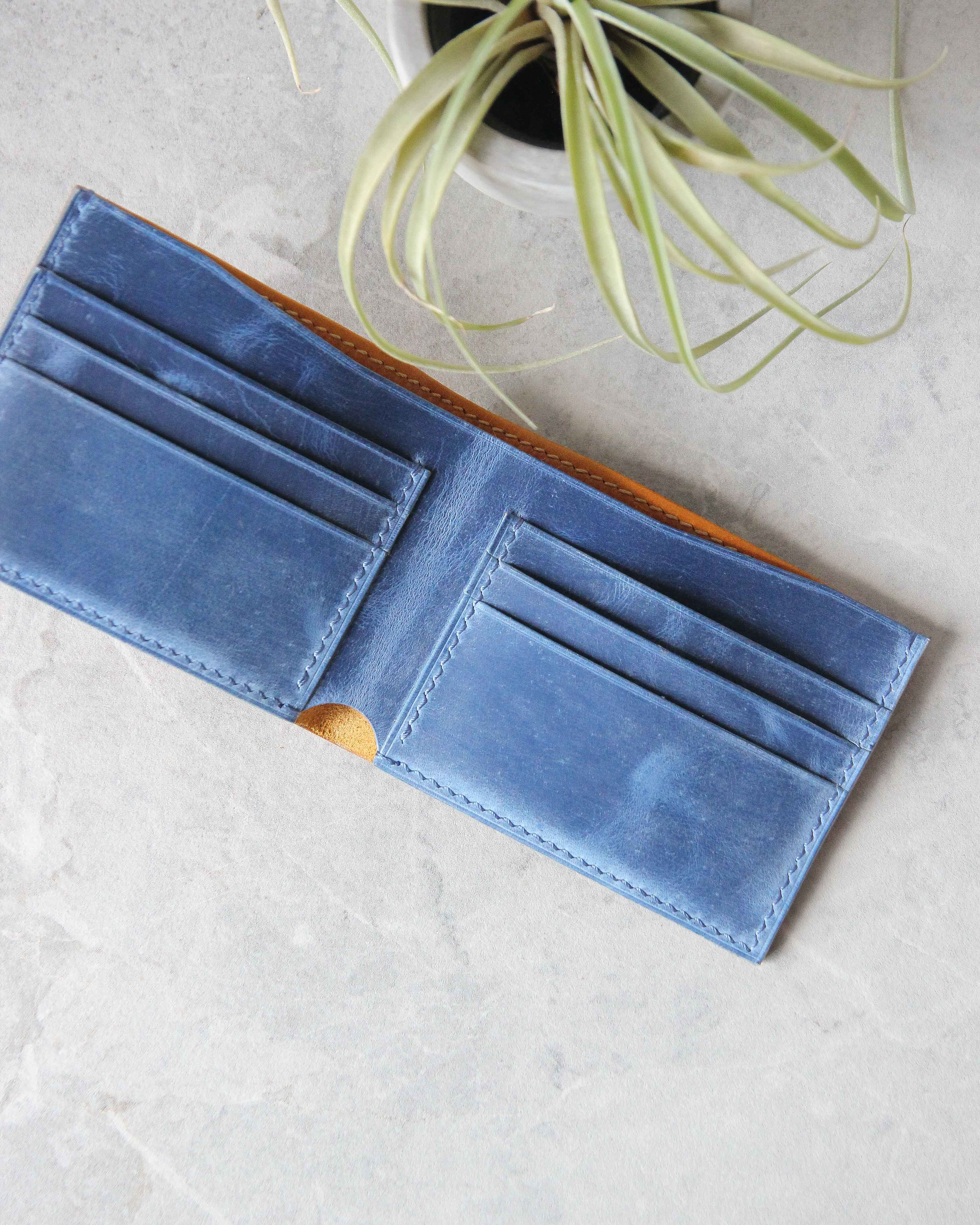 Leather Wallet, Yellow and Blue, 6 slots, Top view
