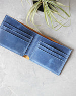 Load image into Gallery viewer, Leather Wallet, Yellow and Blue, 6 slots, Top view
