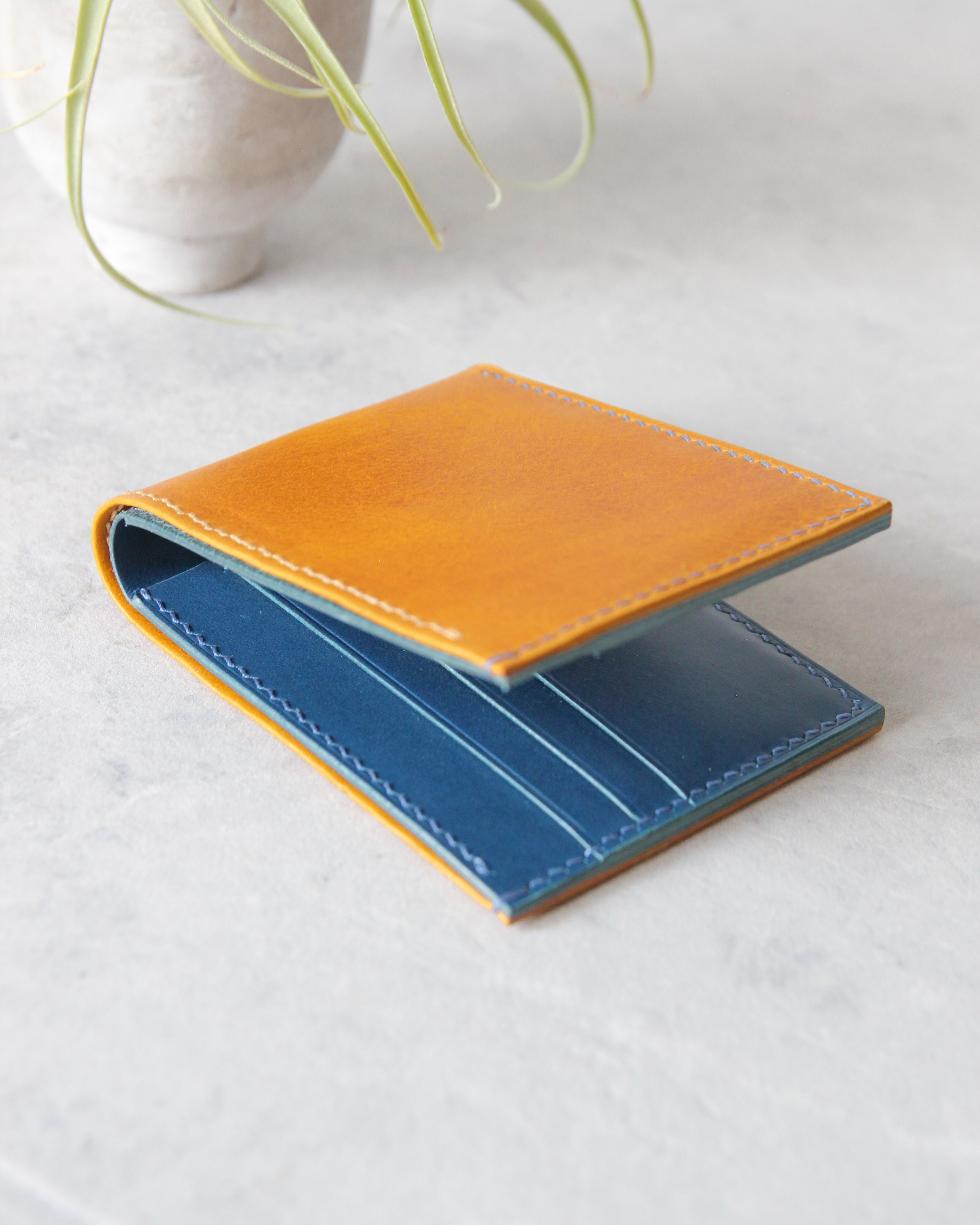 Leather Wallet, Yellow and Blue, 8 slots, Side view